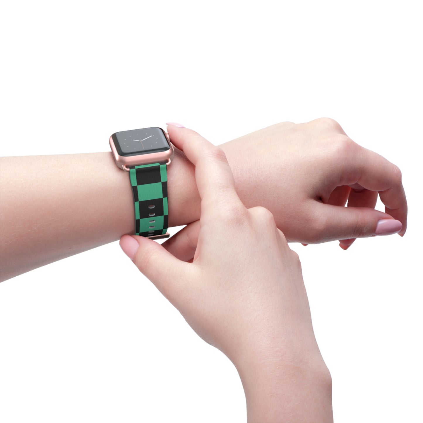 Tanjiro Apple Watch band with black and green chequered pattern, luxury faux-leather strap, fashion accessory