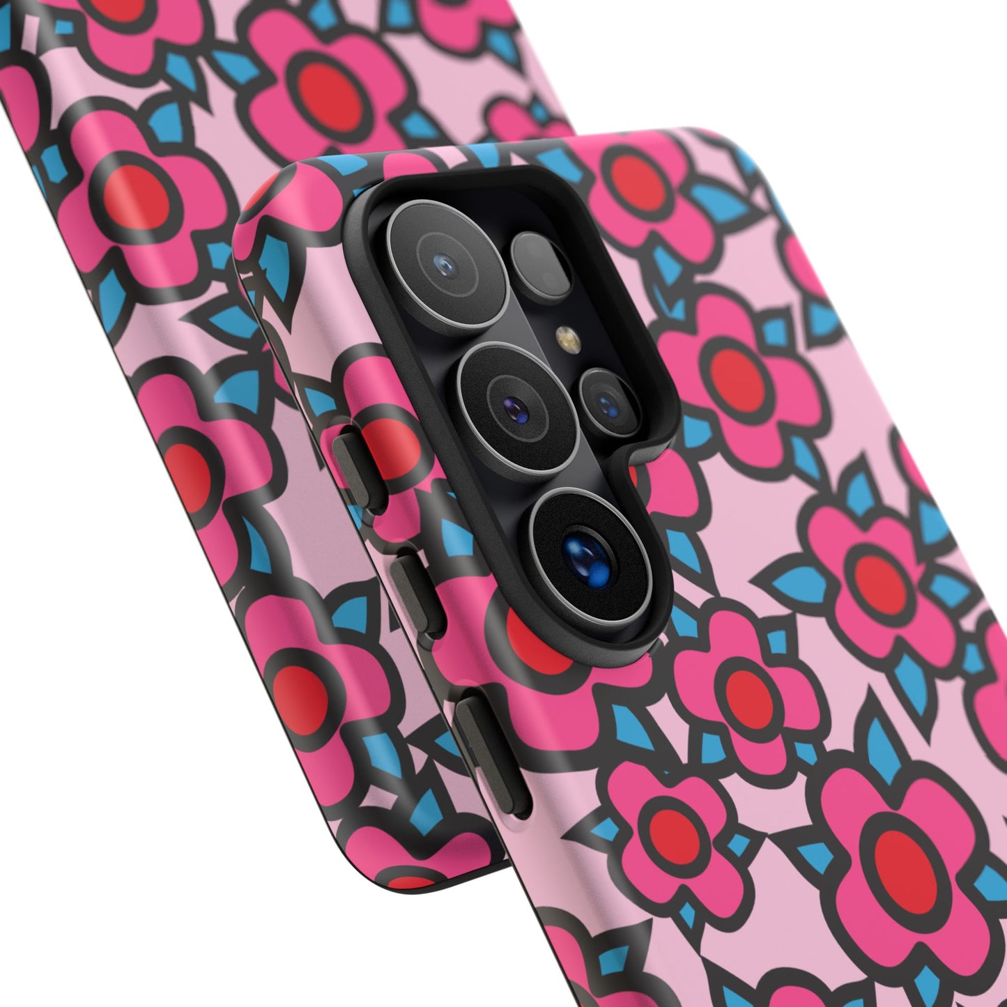 Floral Pink Tough Phone Case — Retro Red & Teal Flower Pattern