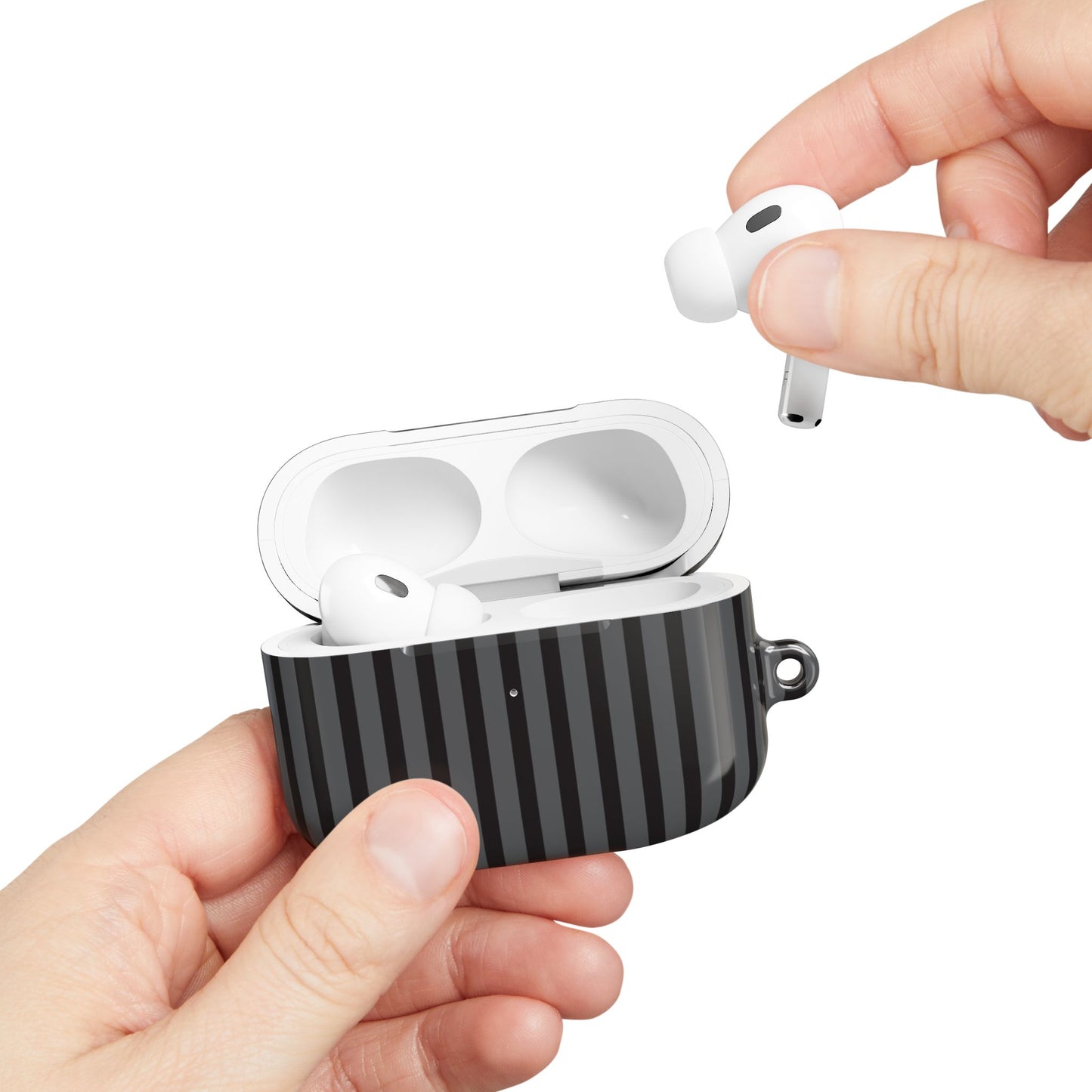 Striped Black AirPod Case – Slim Protective Cover with Keyring Loop