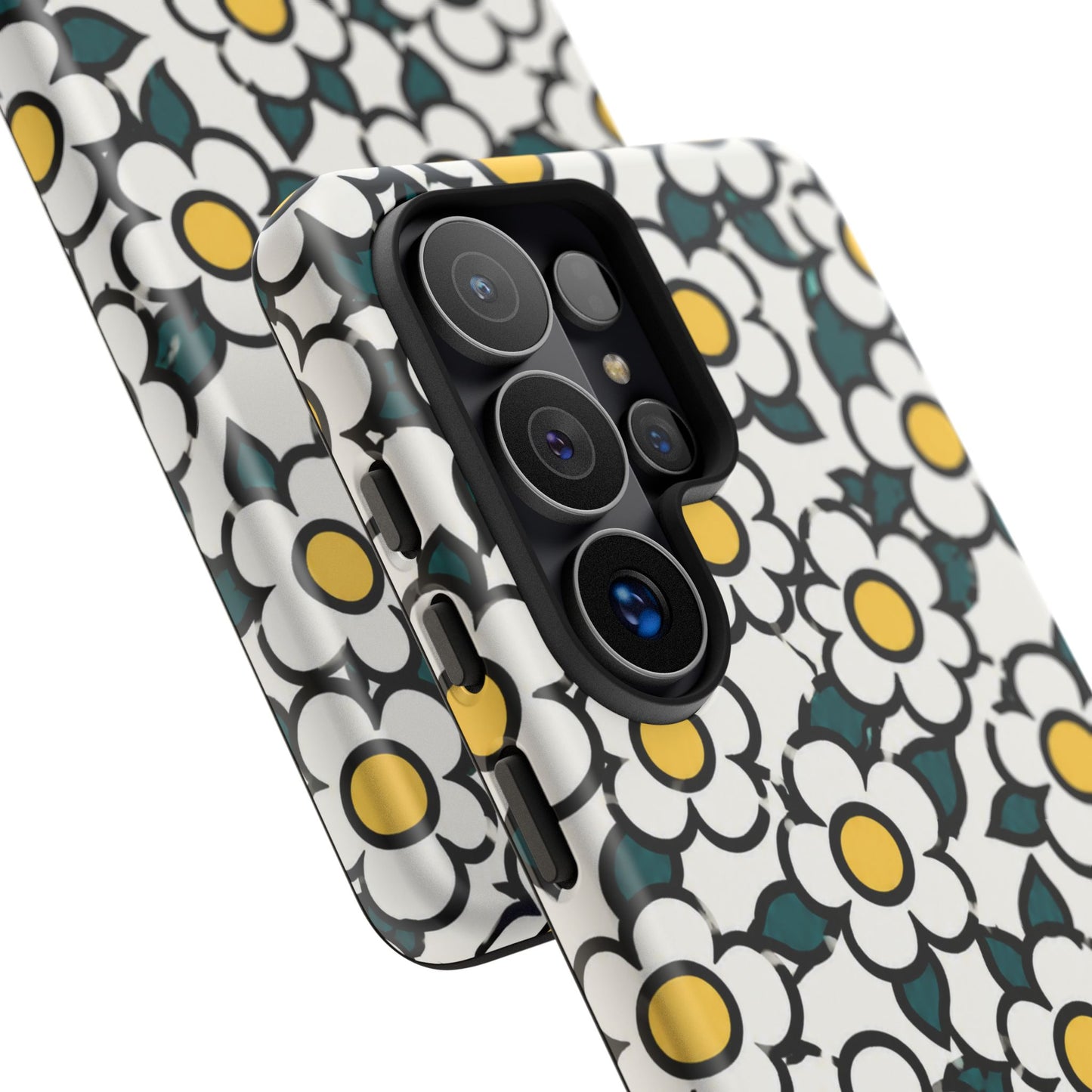 Floral Daisy Tough Phone Case — Retro White & Yellow Protective Cover