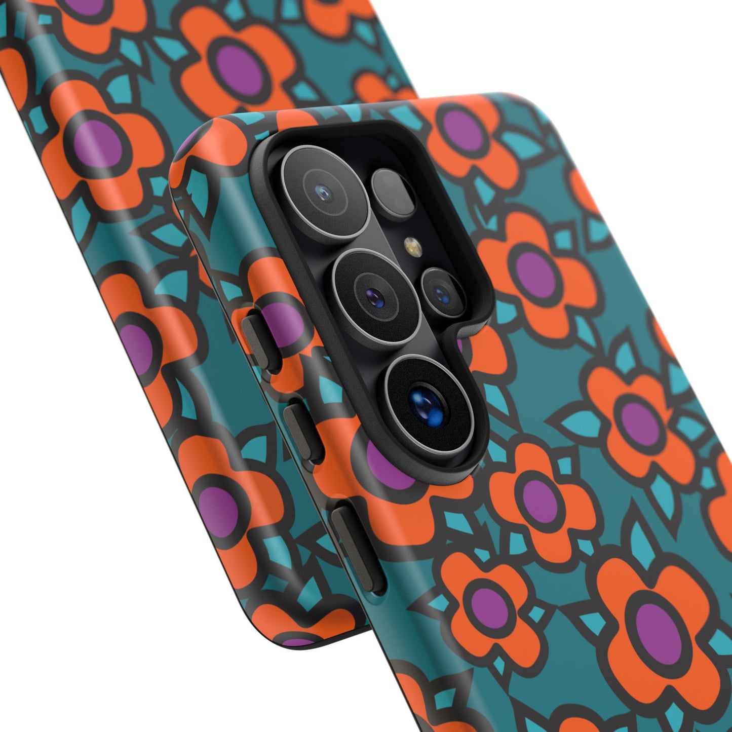 Floral Pop Tough Phone Case — Retro Orange & Teal Flower Pattern