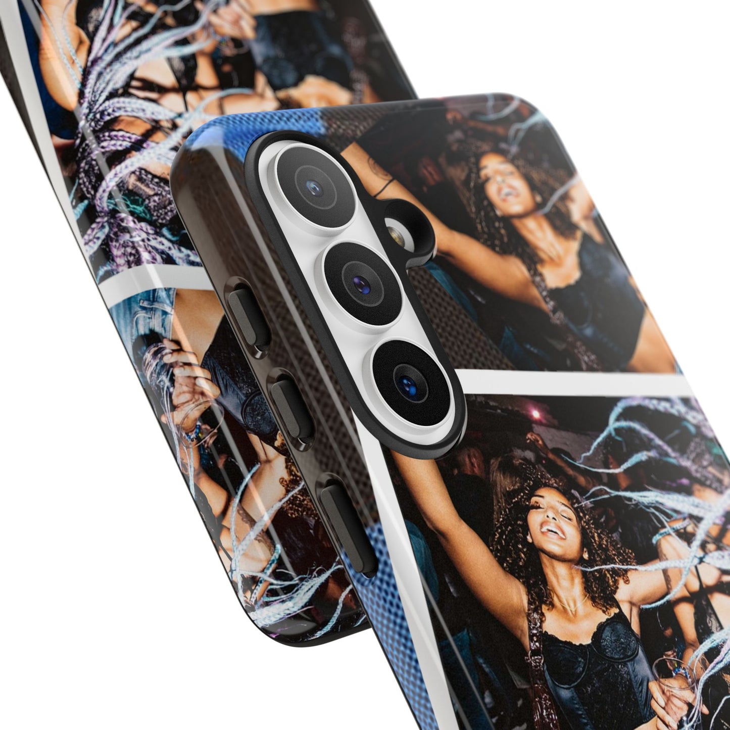 Two Image Personalised Polaroid Photo on Blue Polka Dot Protective Tough Case for Apple iPhone, Samsung Galaxy and Google Pixel.