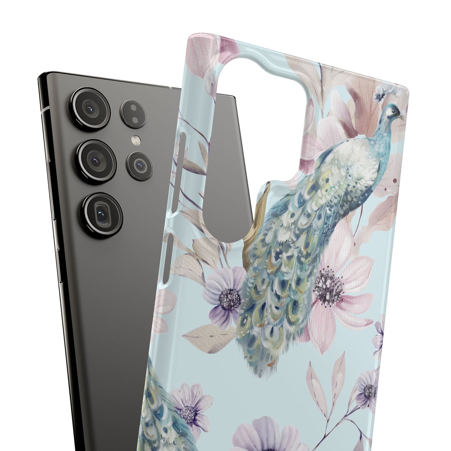 Watercolour Pastel Peacock Floral Snap Phone Case for Apple iPhone and Samsung Galaxy.