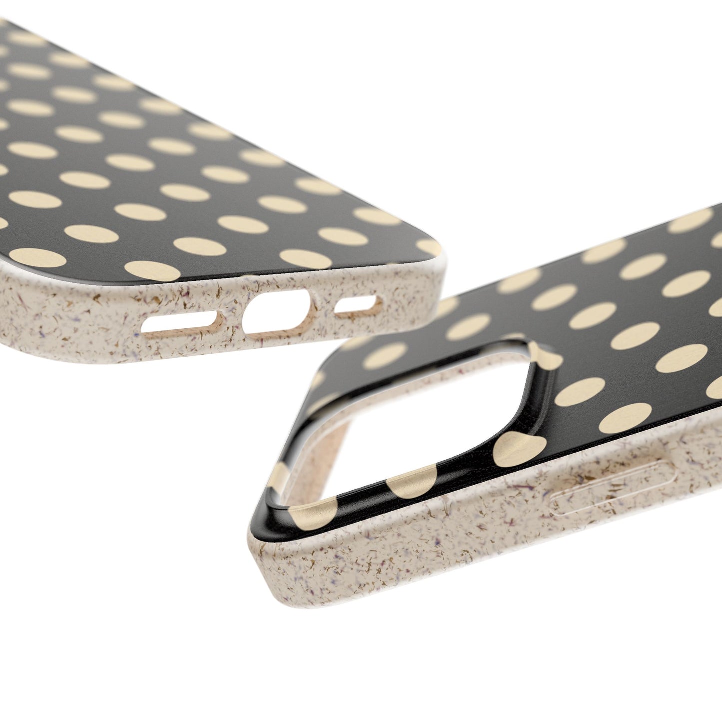 Eco-Friendly Black & Cream Polka Dot Pattern Biodegradable Phone Case for Apple iPhone and Samsung Galaxy.