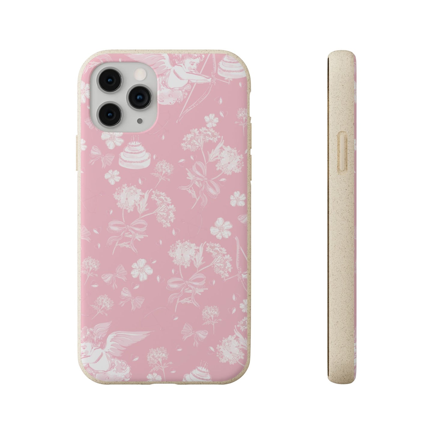 Pink Floral Cherub Biodegradable Phone Case for Apple iPhone and Samsung Galaxy.
