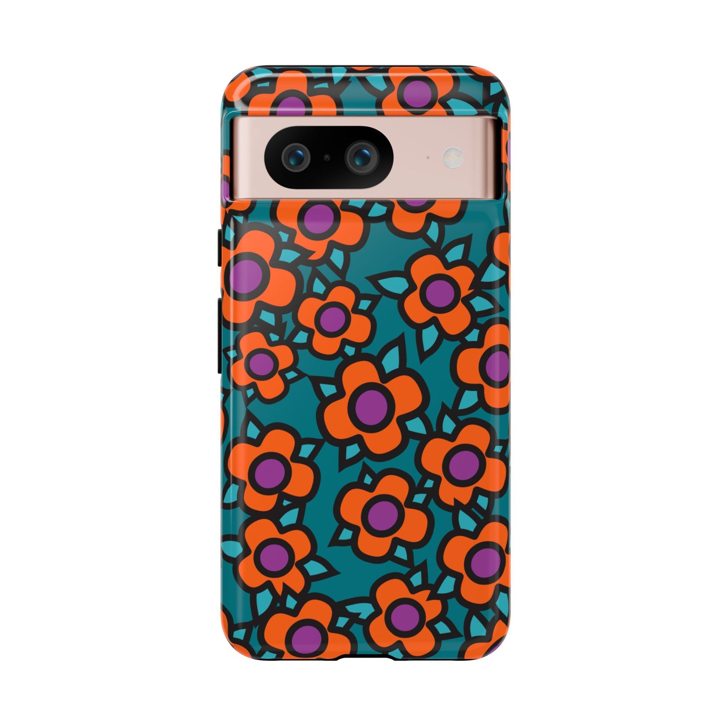 Floral Pop Tough Phone Case — Retro Orange & Teal Flower Pattern