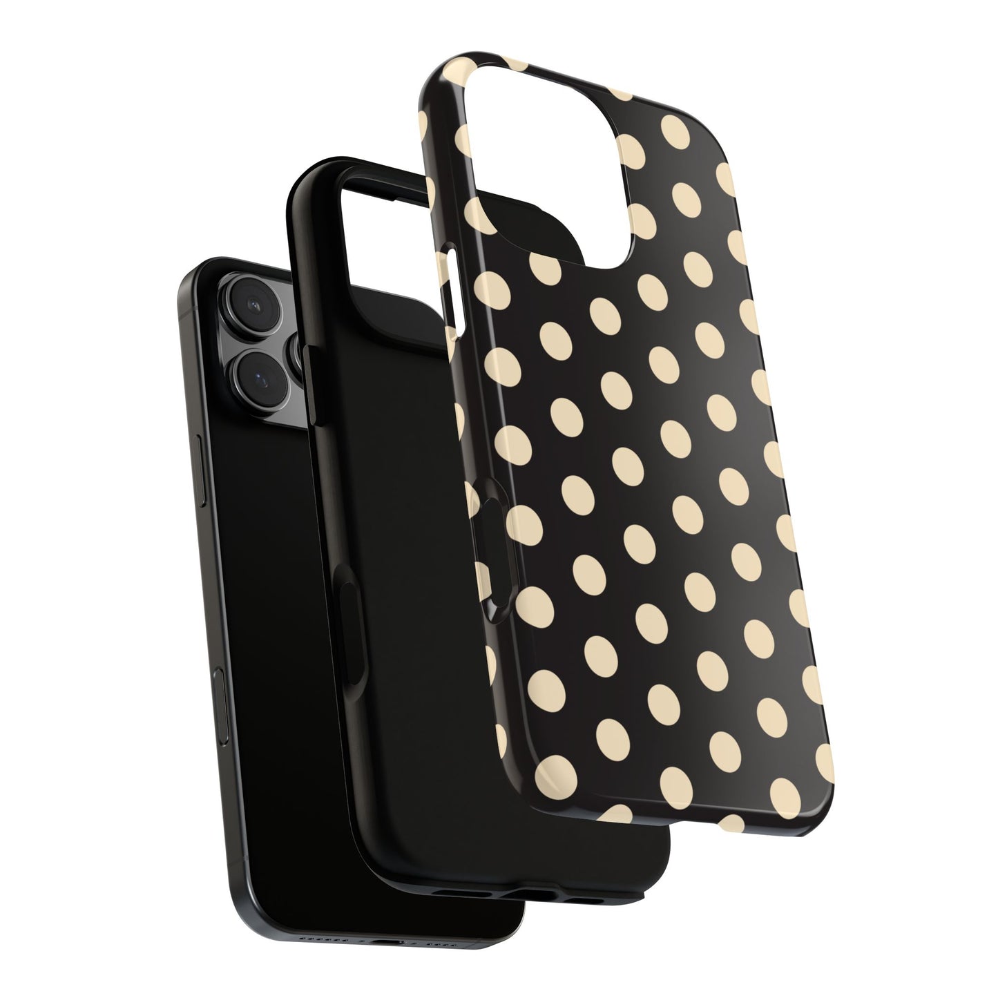 Polka Dot Tough Phone Case — Black with Cream Dots, Protective Slim Phone Cover