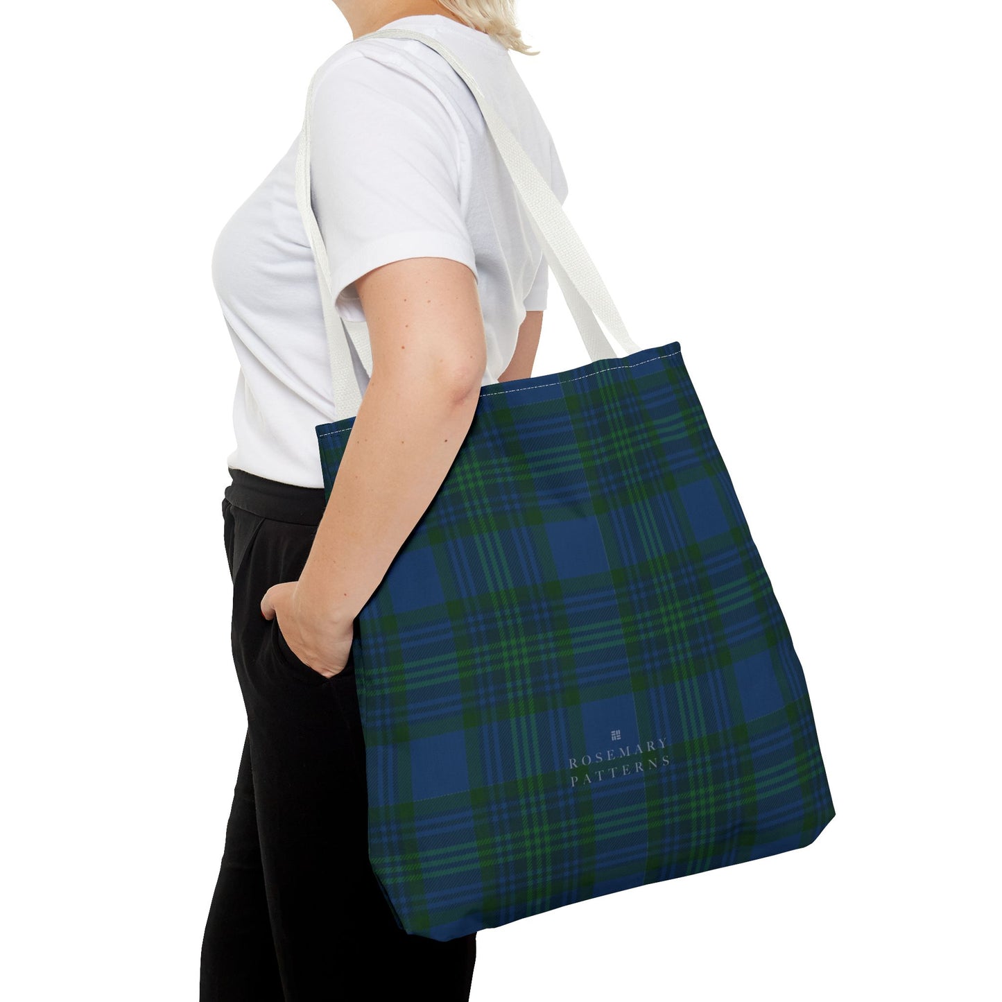 Tartan plaid tote bag in blue and green, eco friendly reusable market tote with Scottish pattern, cotton handles