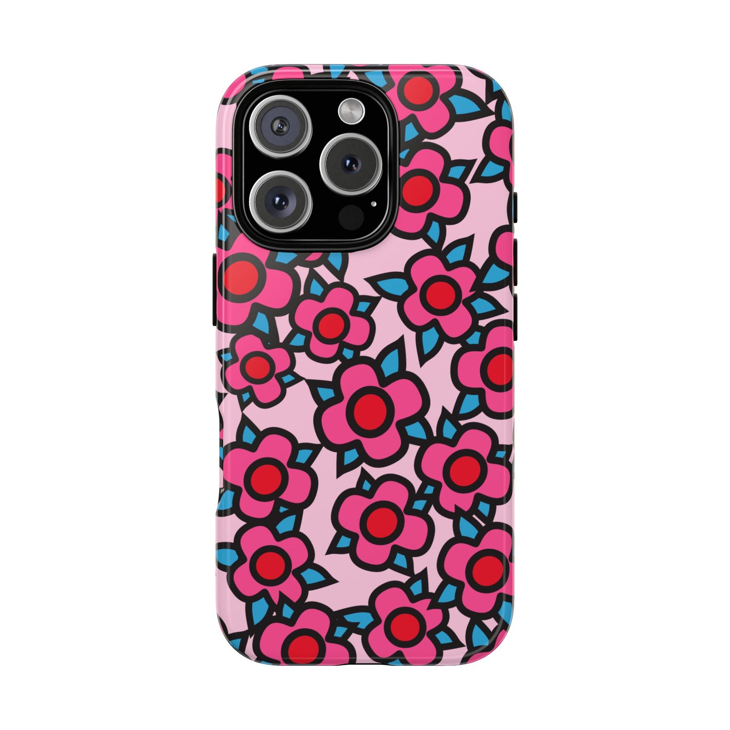 Floral Pink Tough Phone Case — Retro Red & Teal Flower Pattern