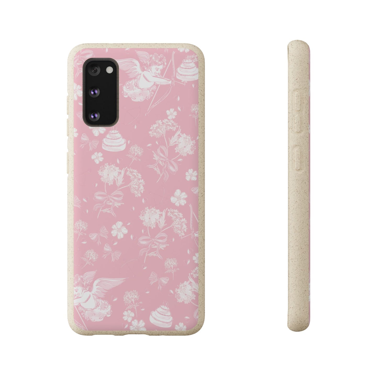 Pink Floral Cherub Biodegradable Phone Case for Apple iPhone and Samsung Galaxy.