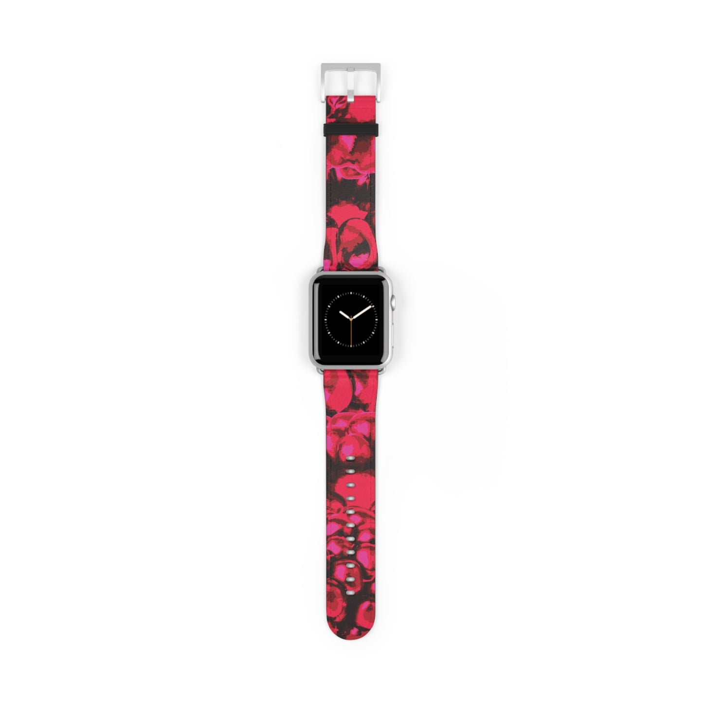 Apple Watch band in pink blackberries pattern, stylish faux-leather accessory, perfect gift for her, stainless steel buckle