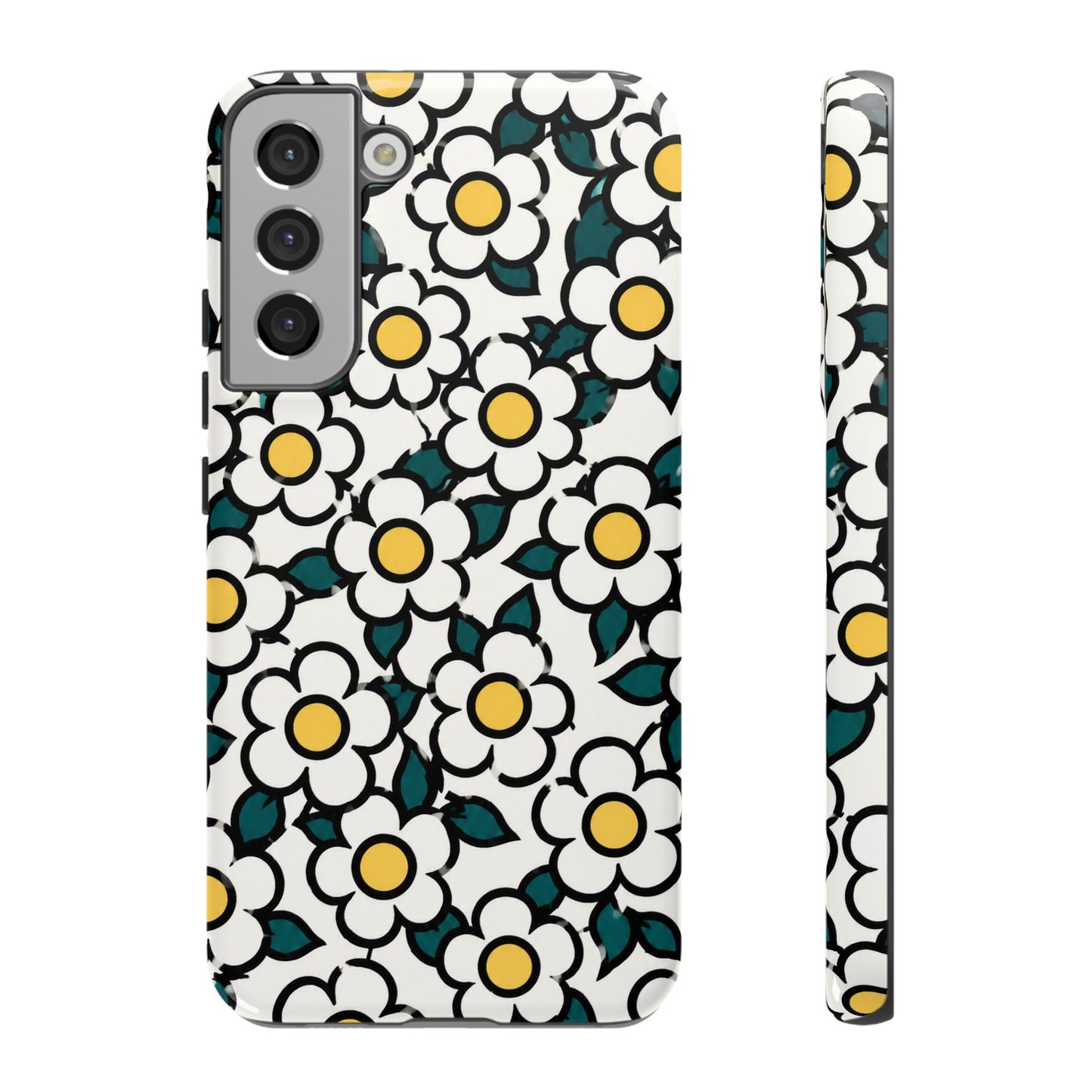 Floral Daisy Tough Phone Case — Retro White & Yellow Protective Cover