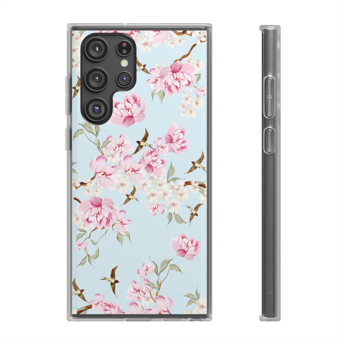 Floral Cherry Blossom Flexi Phone Case - Pink Blossoms on Sky Blue Flexible Case for Apple iPhone, Samsung Galaxy.