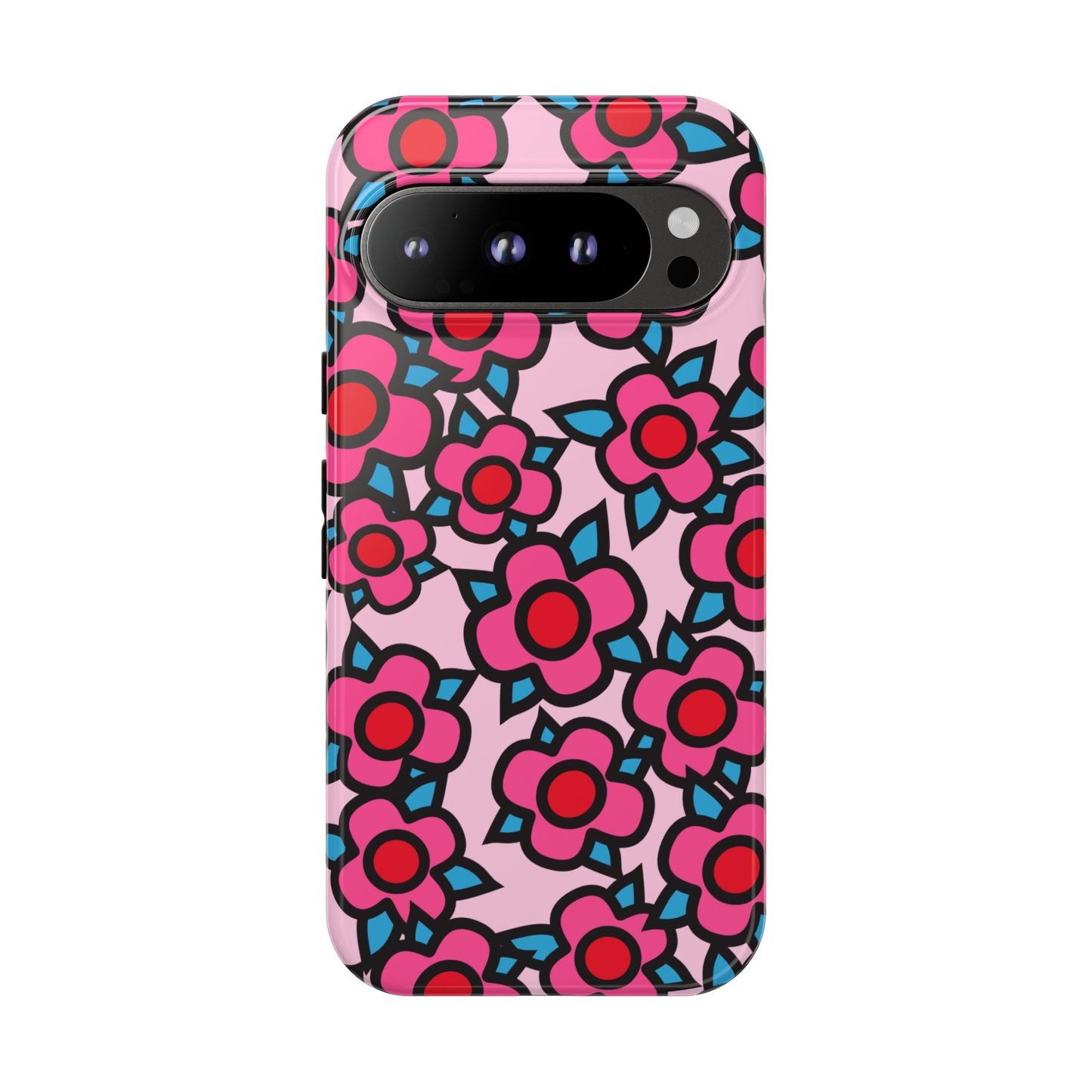 Floral Pink Tough Phone Case — Retro Red & Teal Flower Pattern