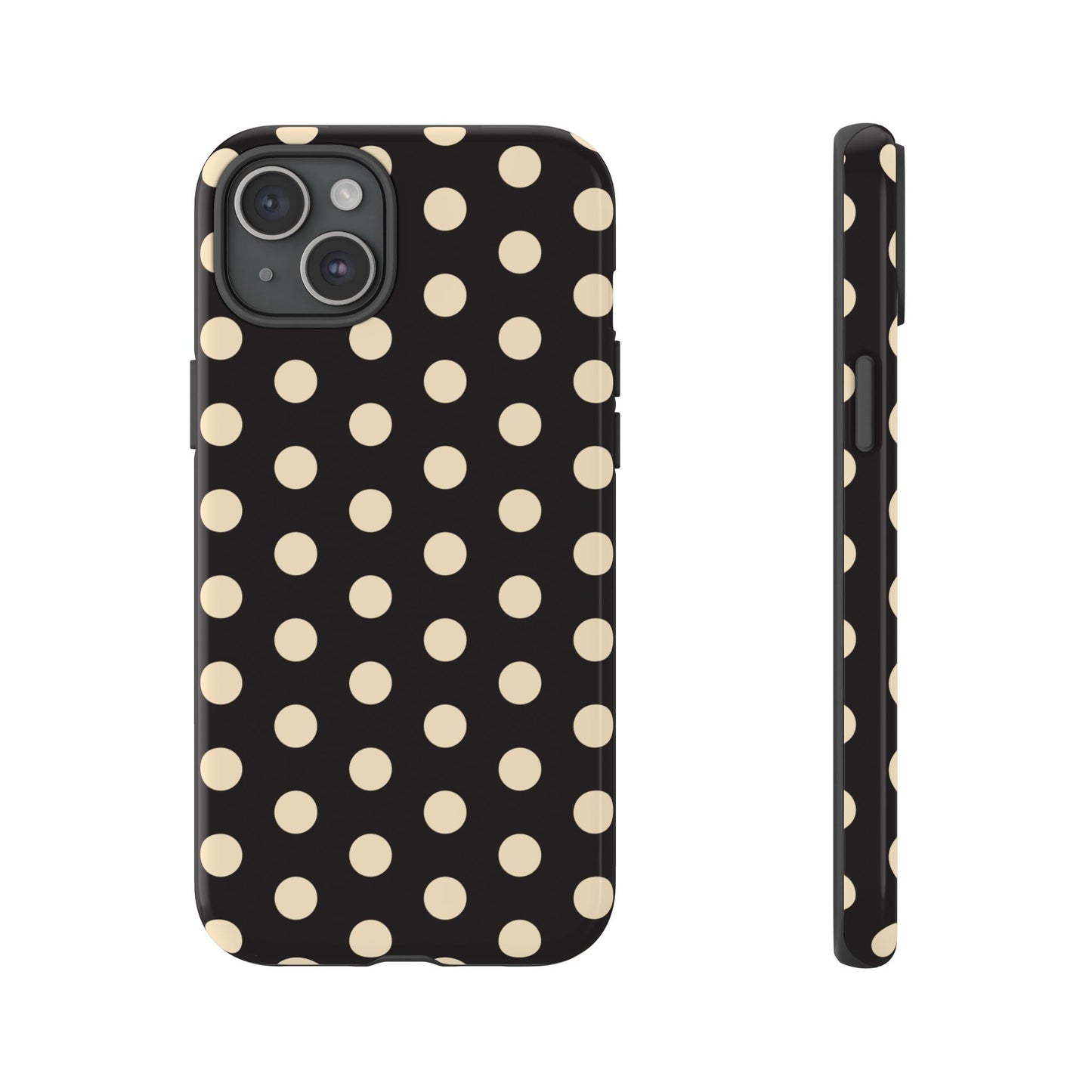 Polka Dot Tough Phone Case — Black with Cream Dots, Protective Slim Phone Cover
