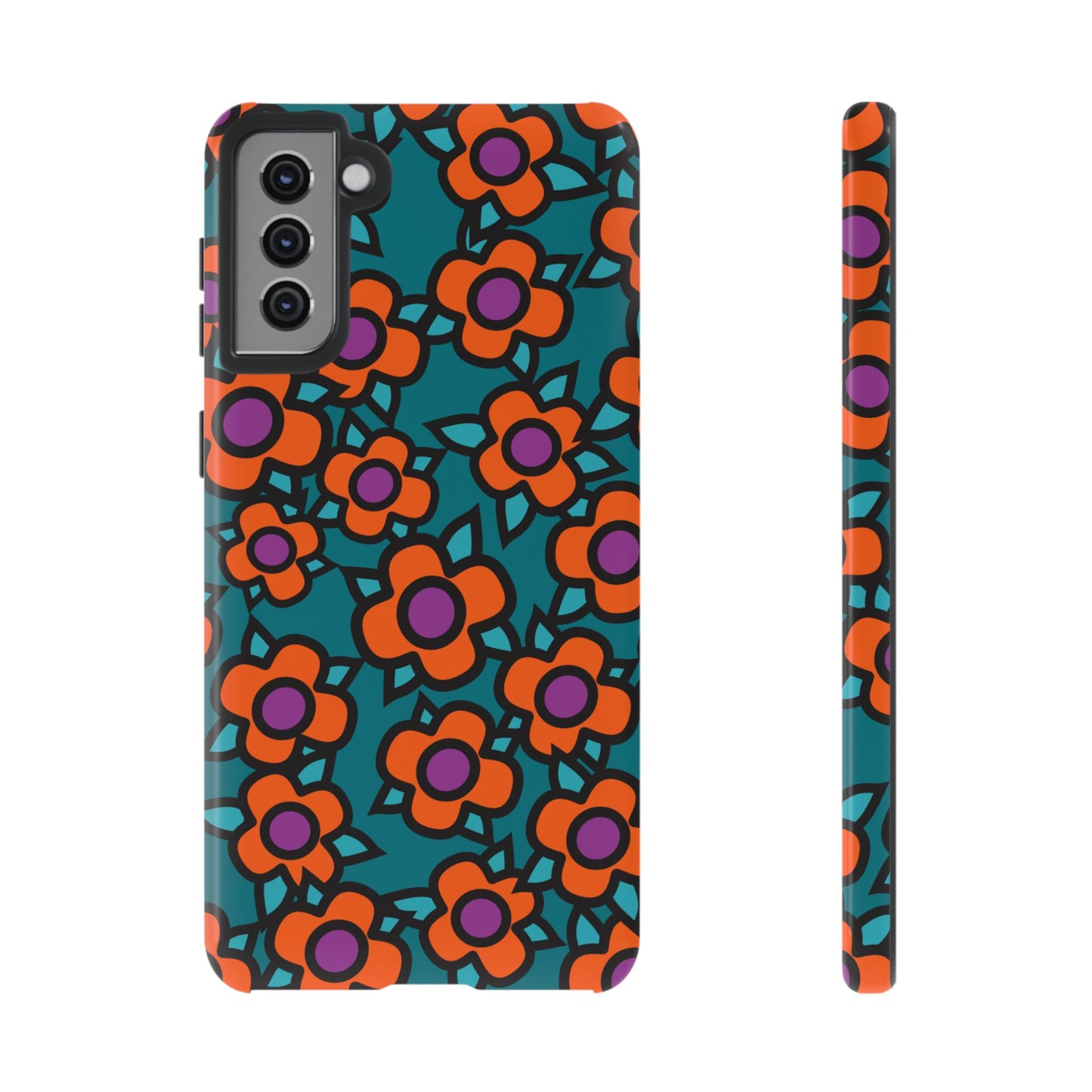 Floral Pop Tough Phone Case — Retro Orange & Teal Flower Pattern
