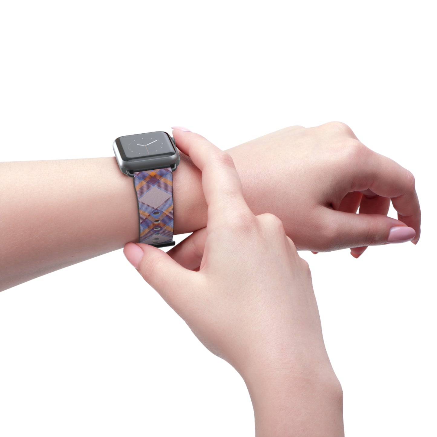 Tartan plaid watch band in orange and green for Apple Watch, stylish gift idea, faux-leather strap with stainless steel buckle