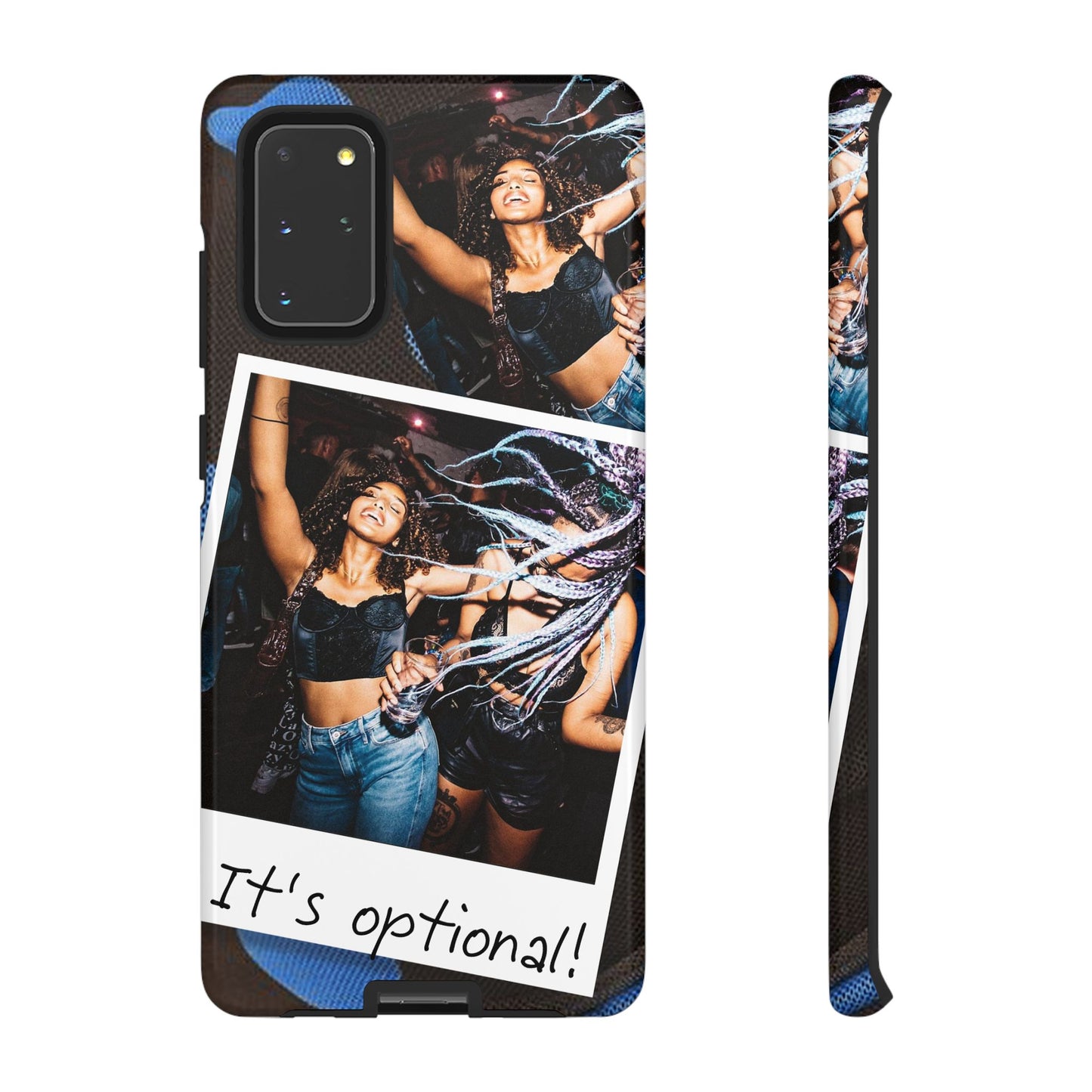 Two Image Personalised Polaroid Photo on Blue Polka Dot Protective Tough Case for Apple iPhone, Samsung Galaxy and Google Pixel.