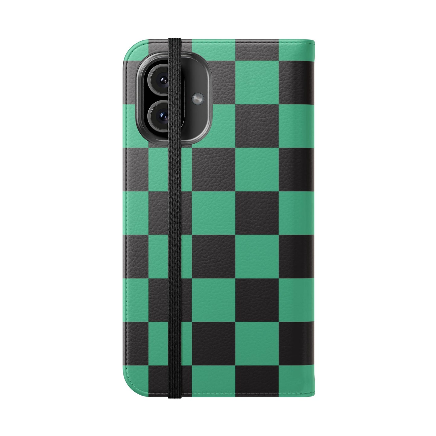 Tanjiro Chequered Flip Phone Case — Black and Green Chequered Wallet Cover