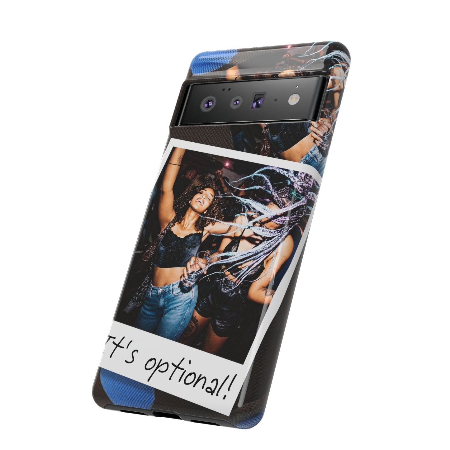 Two Image Personalised Polaroid Photo on Blue Polka Dot Protective Tough Case for Apple iPhone, Samsung Galaxy and Google Pixel.