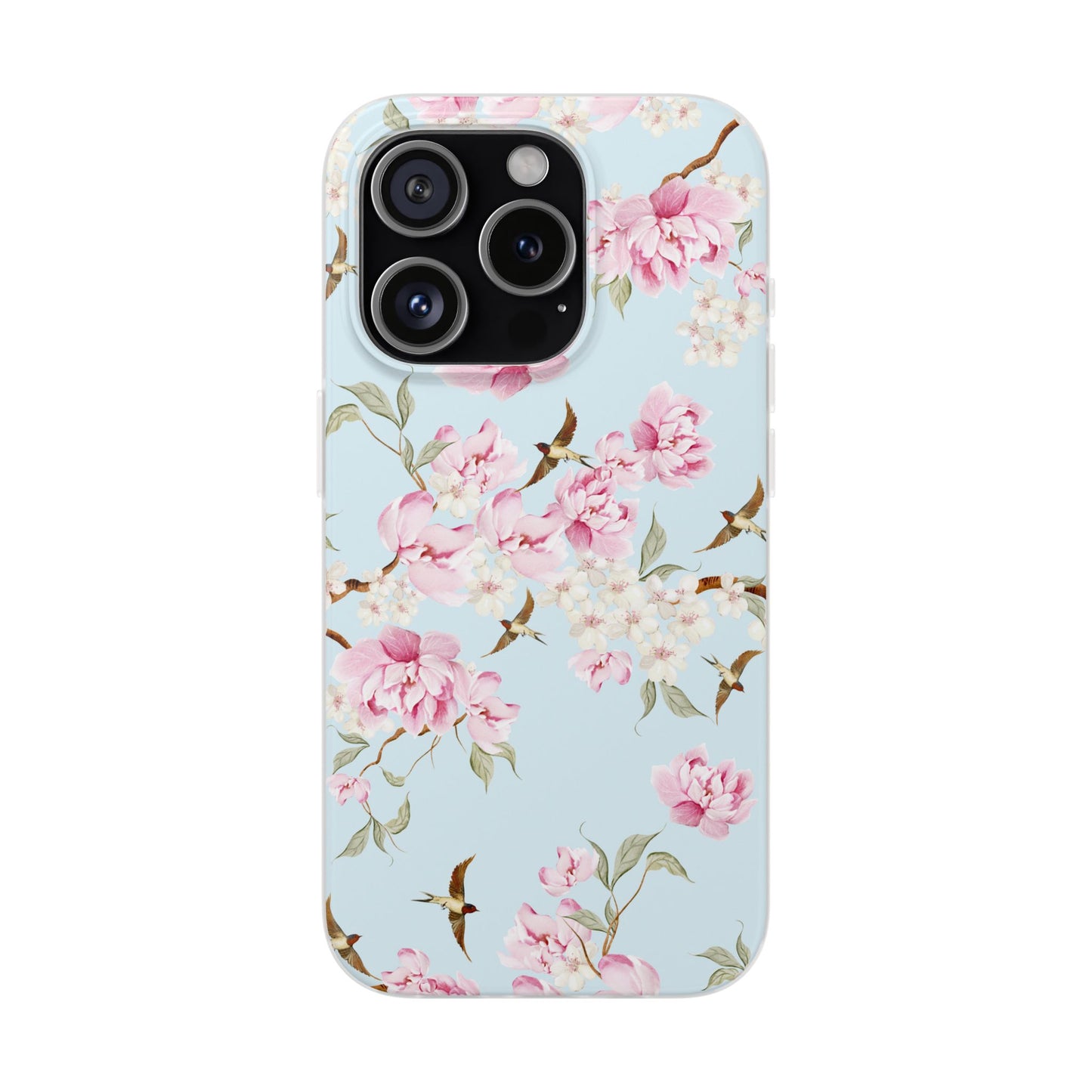 Floral Cherry Blossom Flexi Phone Case - Pink Blossoms on Sky Blue Flexible Case for Apple iPhone, Samsung Galaxy.