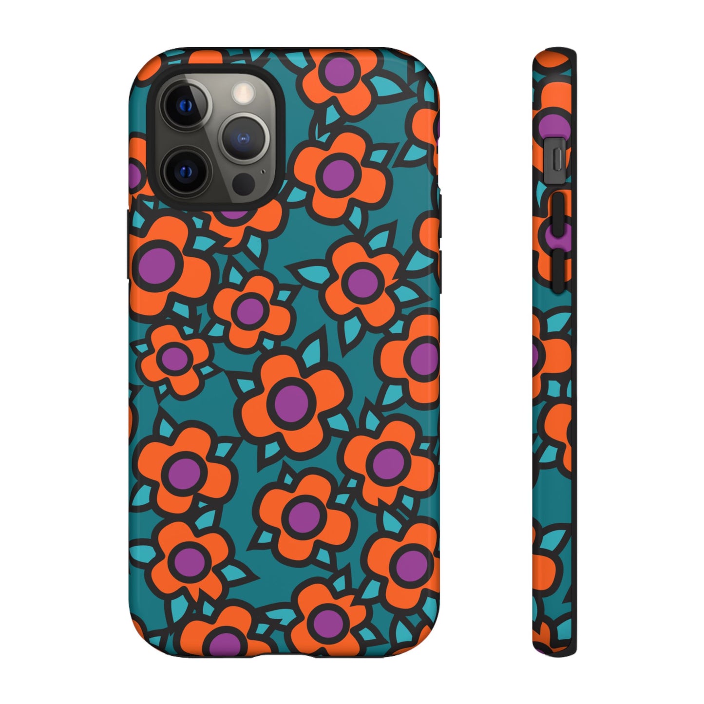 Floral Pop Tough Phone Case — Retro Orange & Teal Flower Pattern