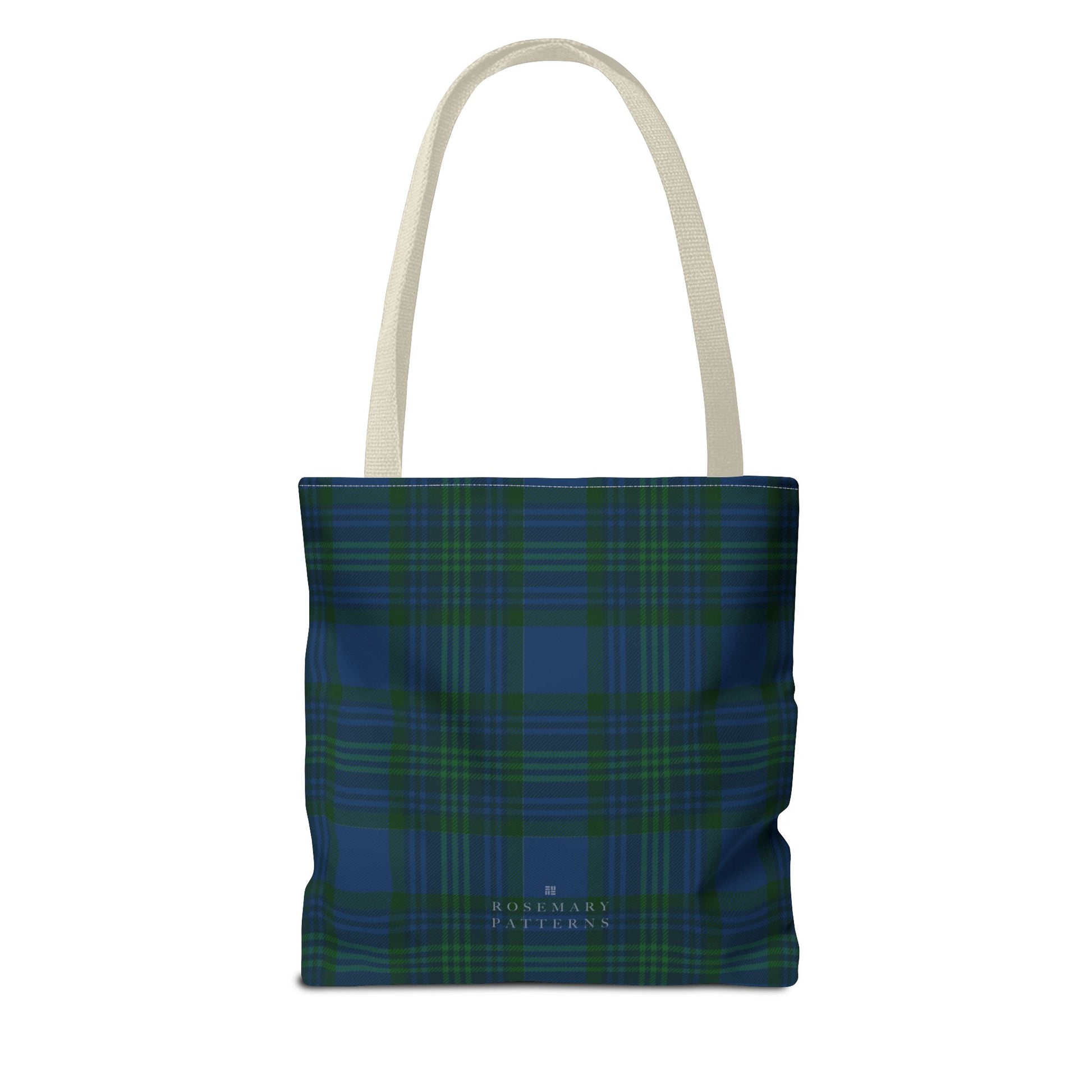 Tartan plaid tote bag in blue and green, eco friendly reusable market tote with Scottish pattern, cotton handles