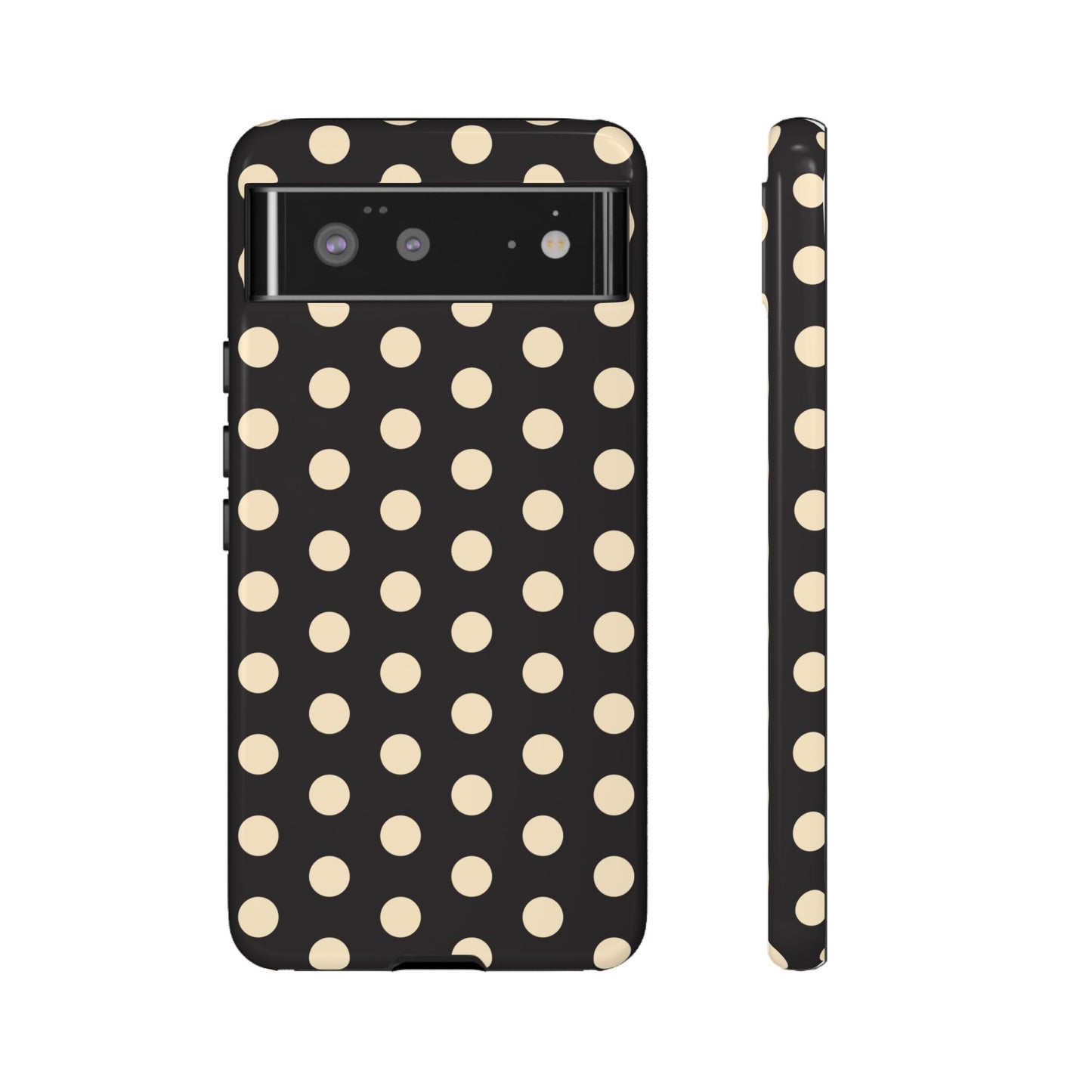 Polka Dot Tough Phone Case — Black with Cream Dots, Protective Slim Phone Cover