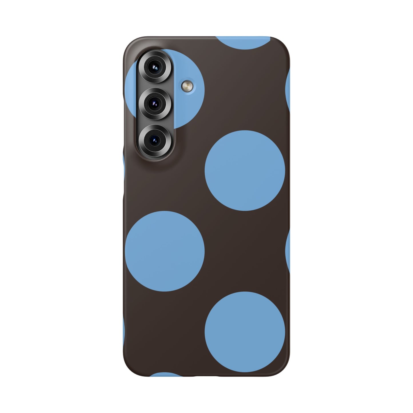Matte Black with Large Sky Blue Polka Dots Slim Phone Case for Apple iPhone, Samsung Galaxy and Google Pixel.