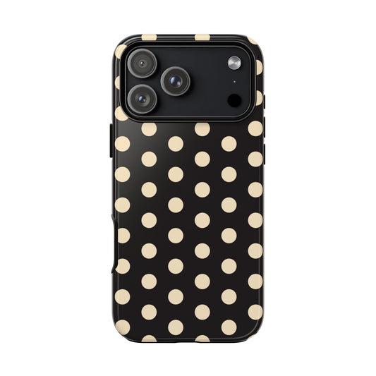 Polka Dot Tough Phone Case — Black with Cream Dots, Protective Slim Phone Cover