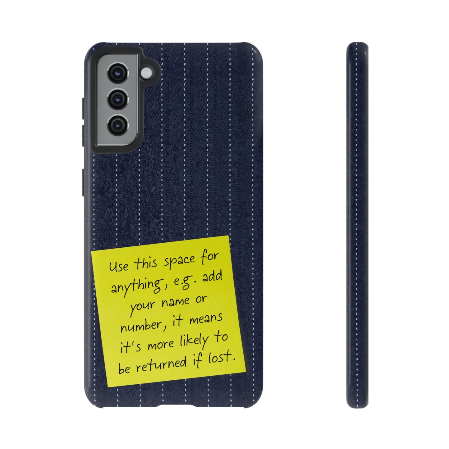 Navy Pinstripe Design with Yellow Sticky Note Personalised Tough Phone Case for Apple iPhone, Samsung Galaxy and Google Pixel.