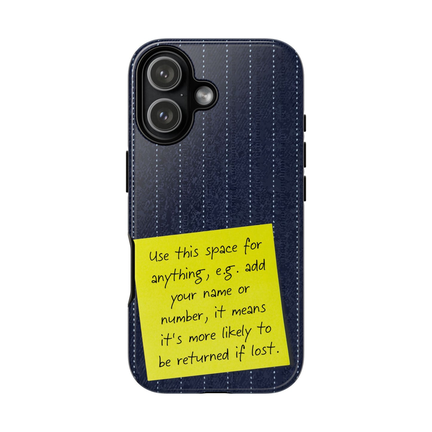 Navy Pinstripe Design with Yellow Sticky Note Personalised Tough Phone Case for Apple iPhone, Samsung Galaxy and Google Pixel.