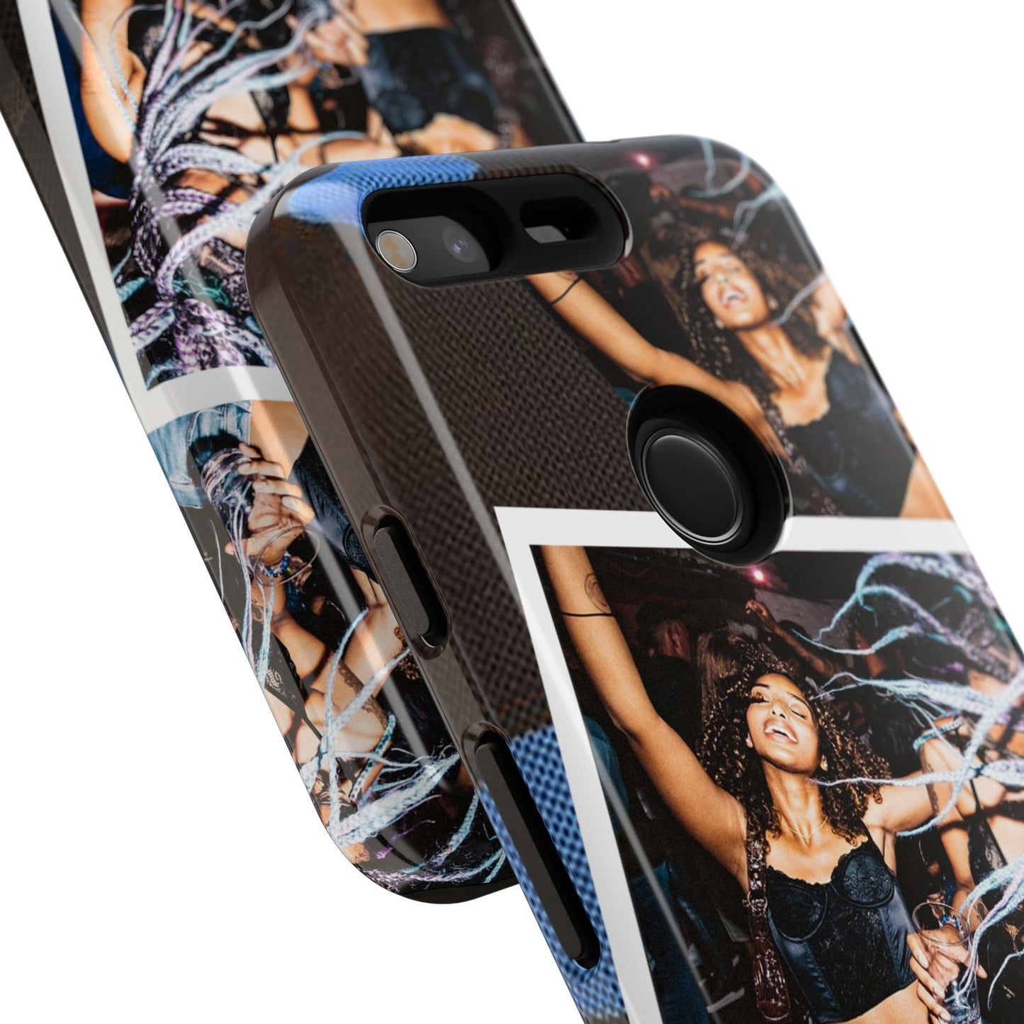 Two Image Personalised Polaroid Photo on Blue Polka Dot Protective Tough Case for Apple iPhone, Samsung Galaxy and Google Pixel.