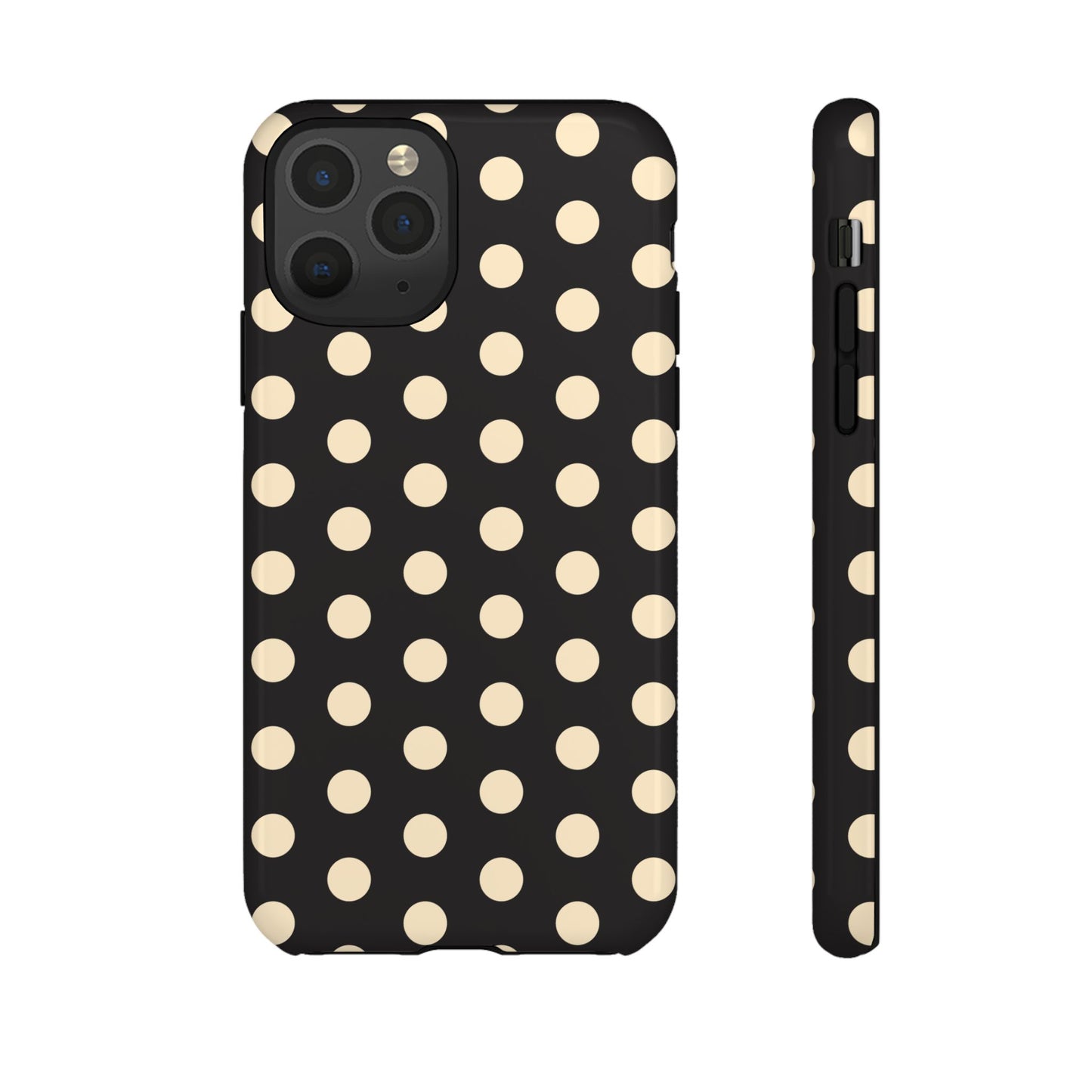 Polka Dot Tough Phone Case — Black with Cream Dots, Protective Slim Phone Cover