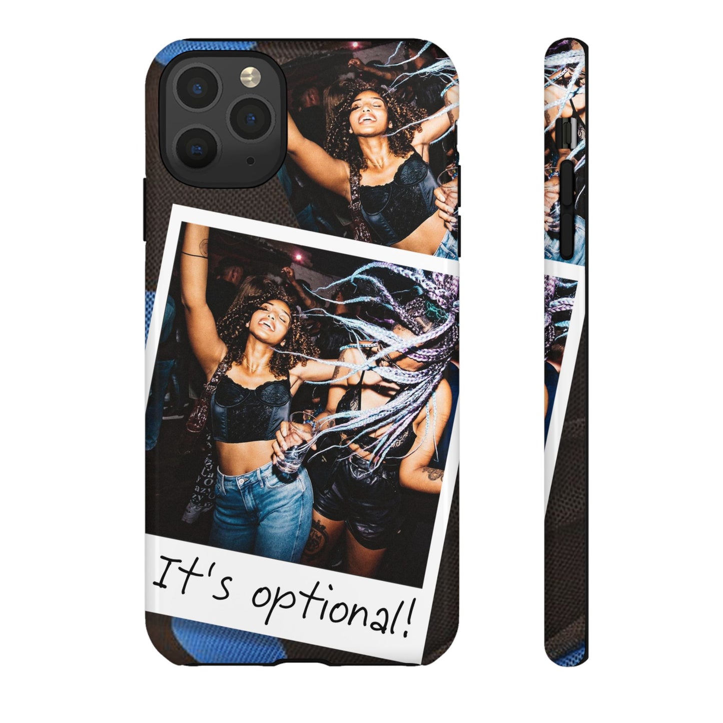 Two Image Personalised Polaroid Photo on Blue Polka Dot Protective Tough Case for Apple iPhone, Samsung Galaxy and Google Pixel.