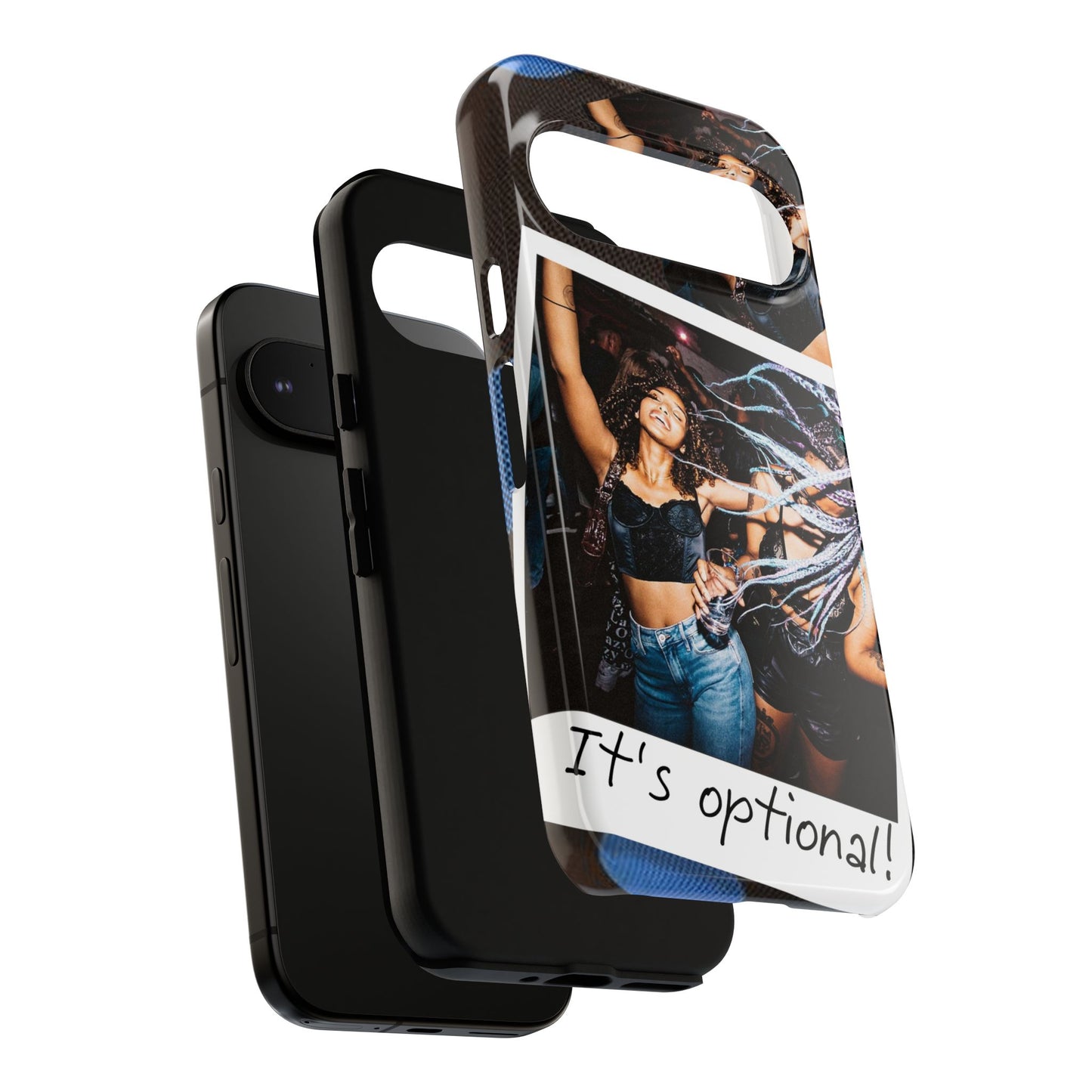 Two Image Personalised Polaroid Photo on Blue Polka Dot Protective Tough Case for Apple iPhone, Samsung Galaxy and Google Pixel.