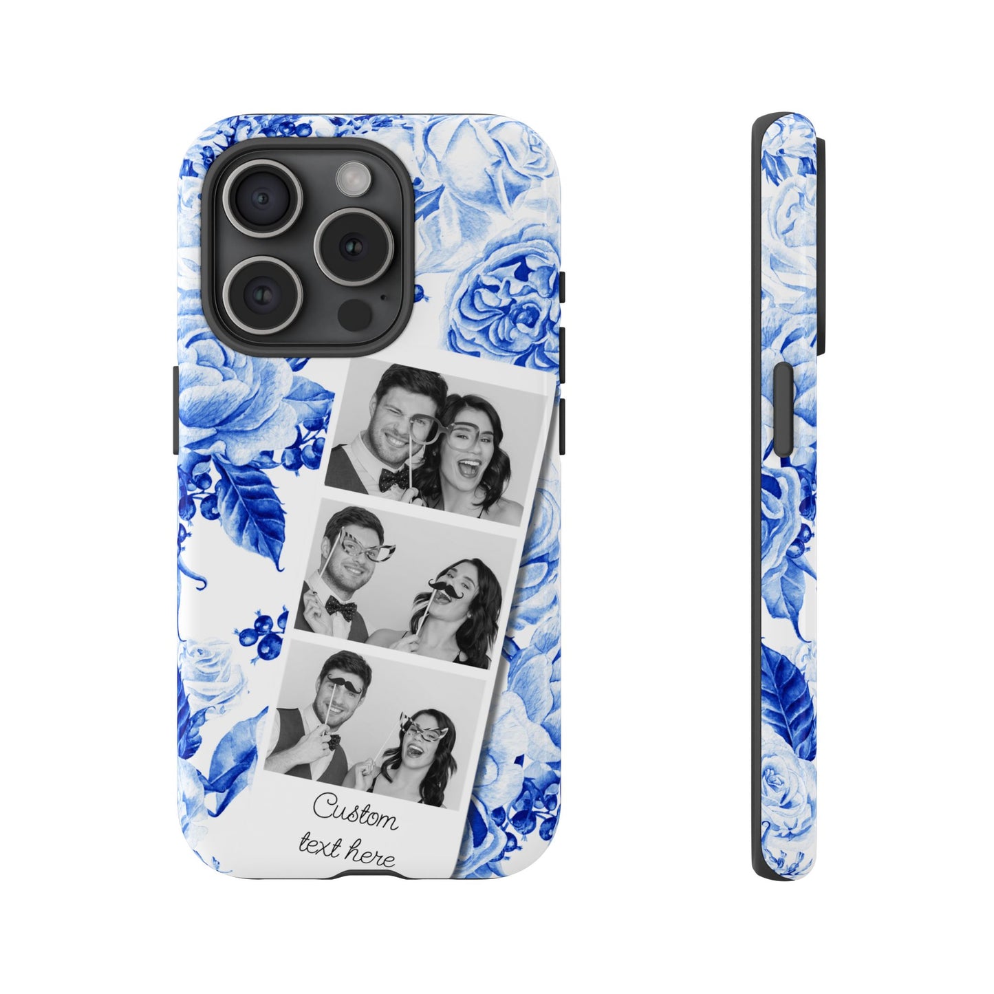 Three Photo Personalised Blue Floral Image Strip Custom Phone Case