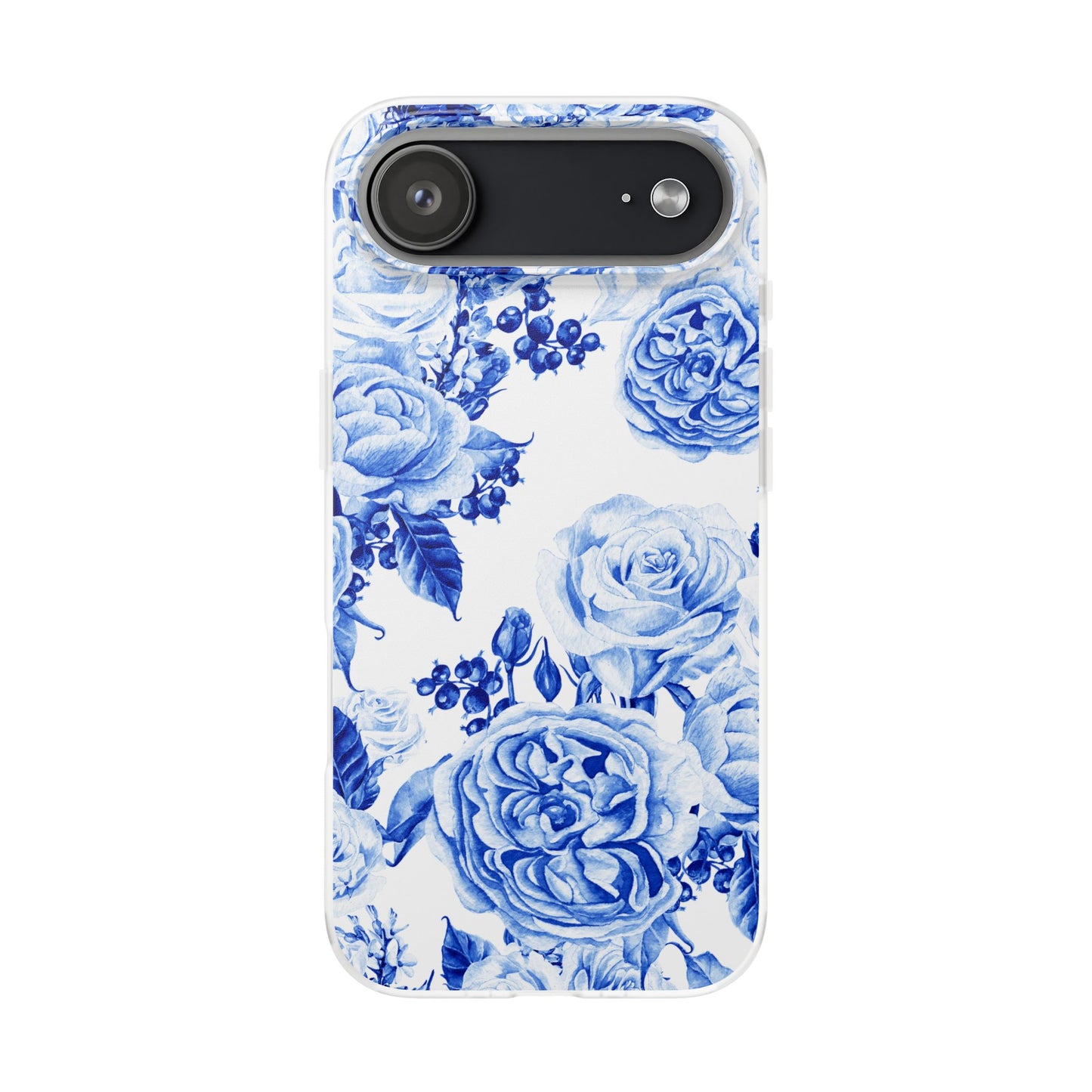 Blue Floral Phone Case — Hand-Painted Rose Pattern Flexi Case for Apple iPhone, Samsung Galaxy and Google Pixel.