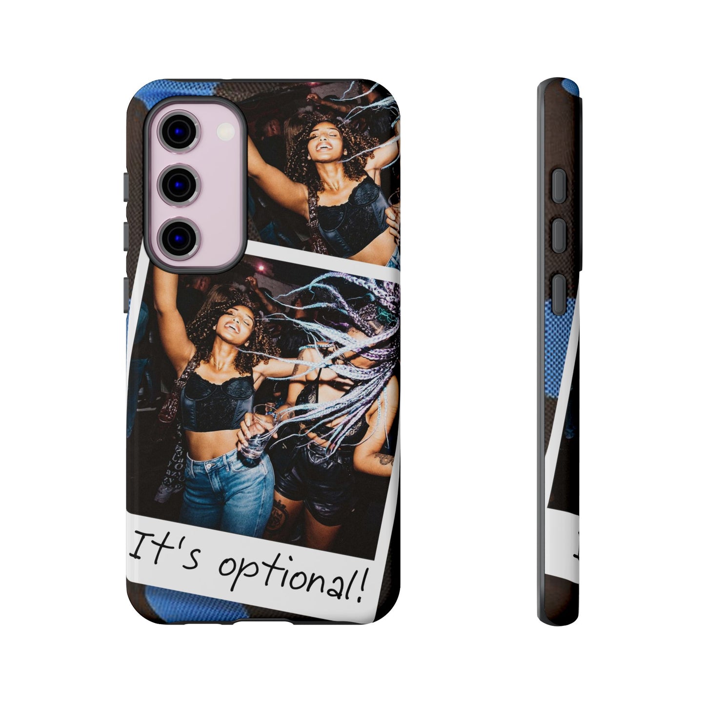 Two Image Personalised Polaroid Photo on Blue Polka Dot Protective Tough Case for Apple iPhone, Samsung Galaxy and Google Pixel.