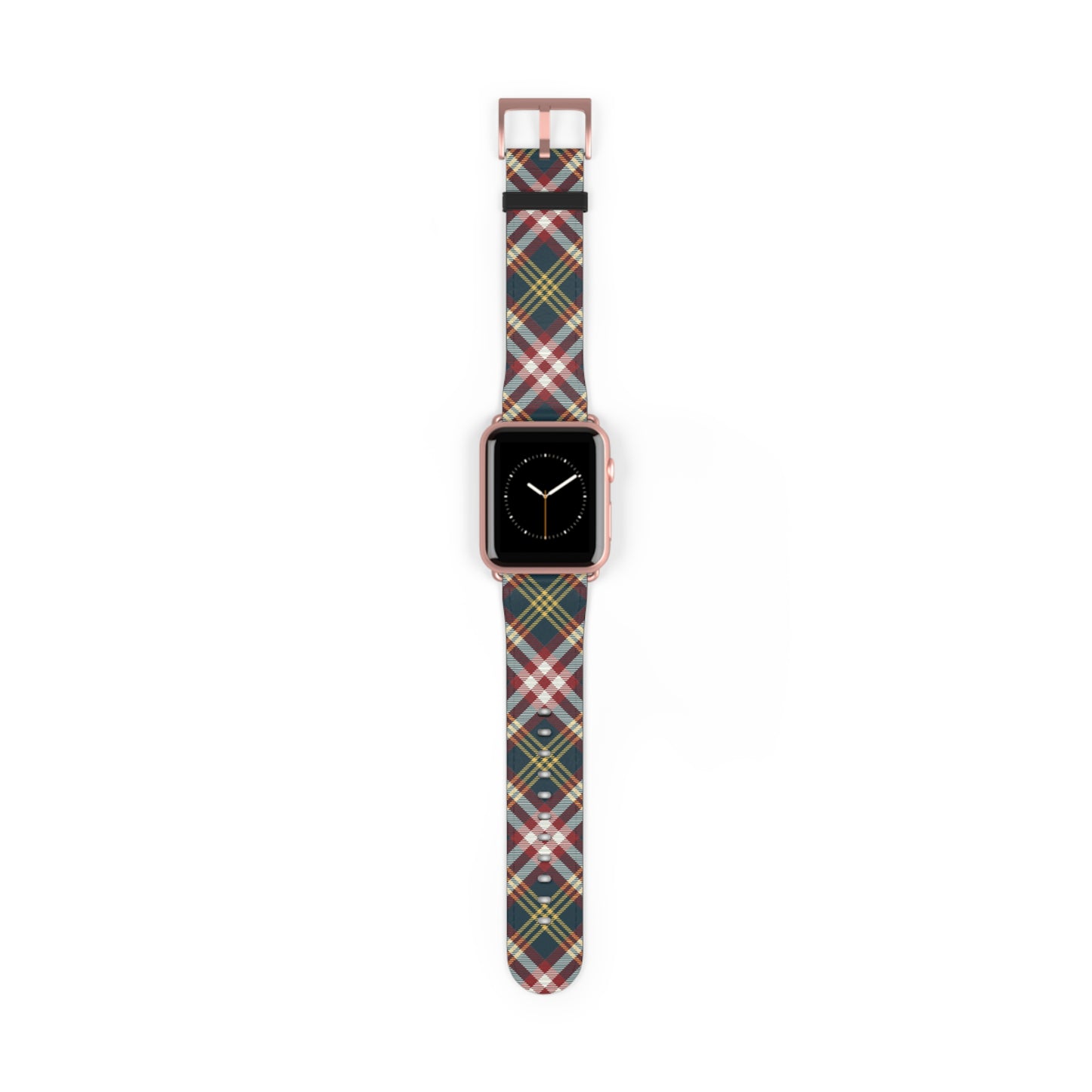 Plaid watch band in classic red and green tartan, cozy accessory for Apple Watch, stainless steel buckle, autumn style