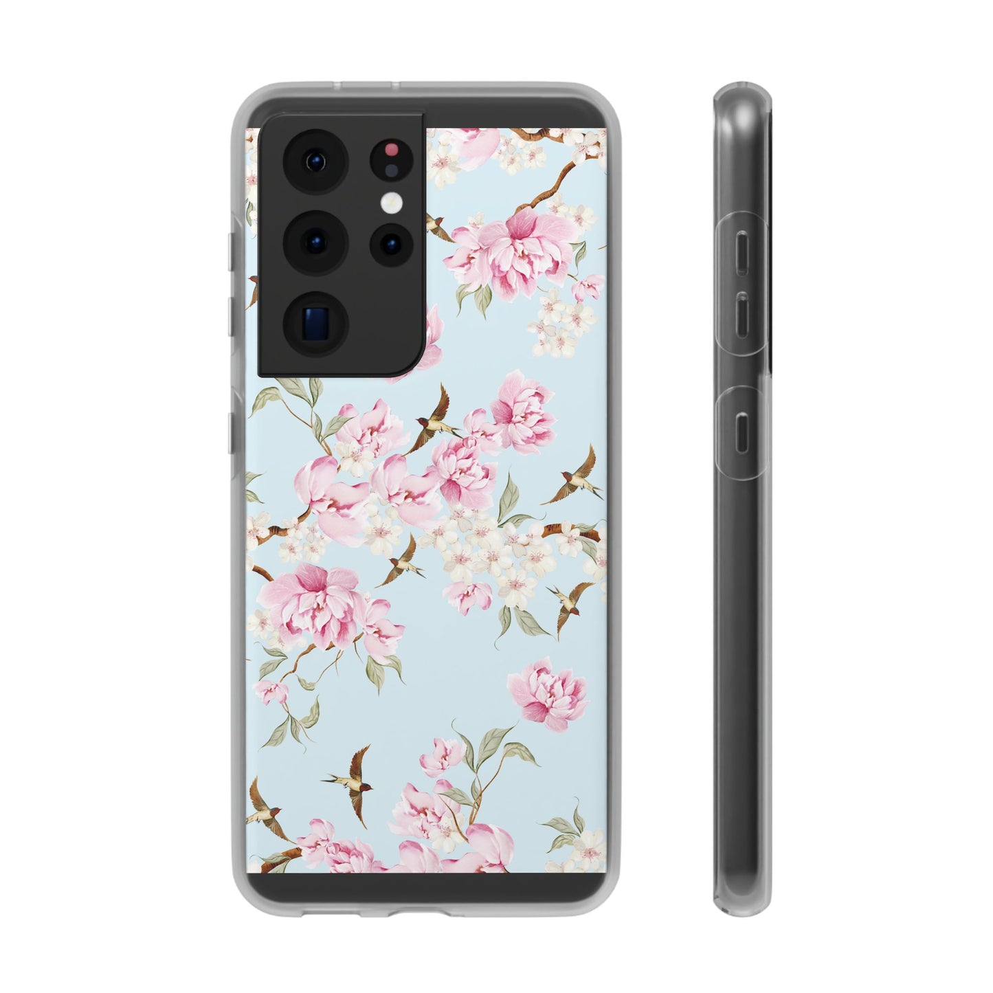 Floral Cherry Blossom Flexi Phone Case - Pink Blossoms on Sky Blue Flexible Case for Apple iPhone, Samsung Galaxy.
