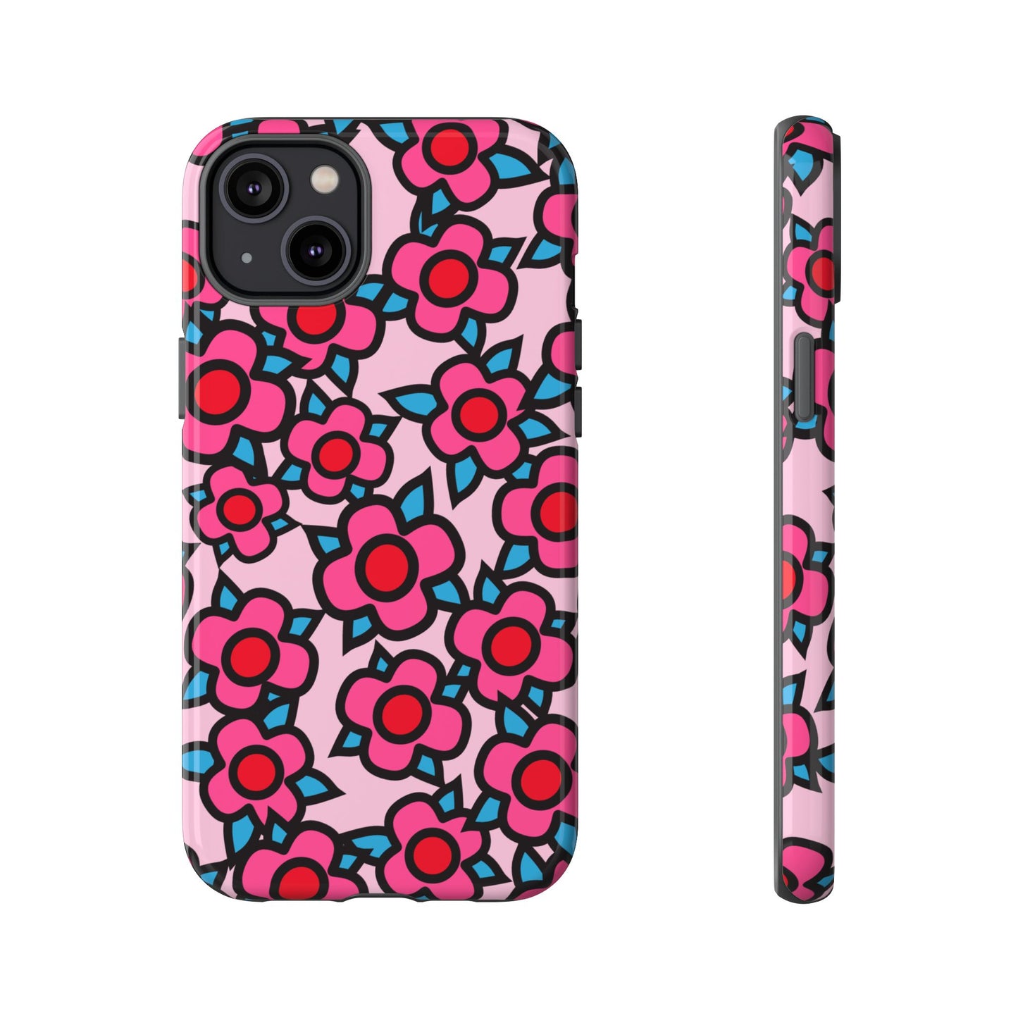 Floral Pink Tough Phone Case — Retro Red & Teal Flower Pattern