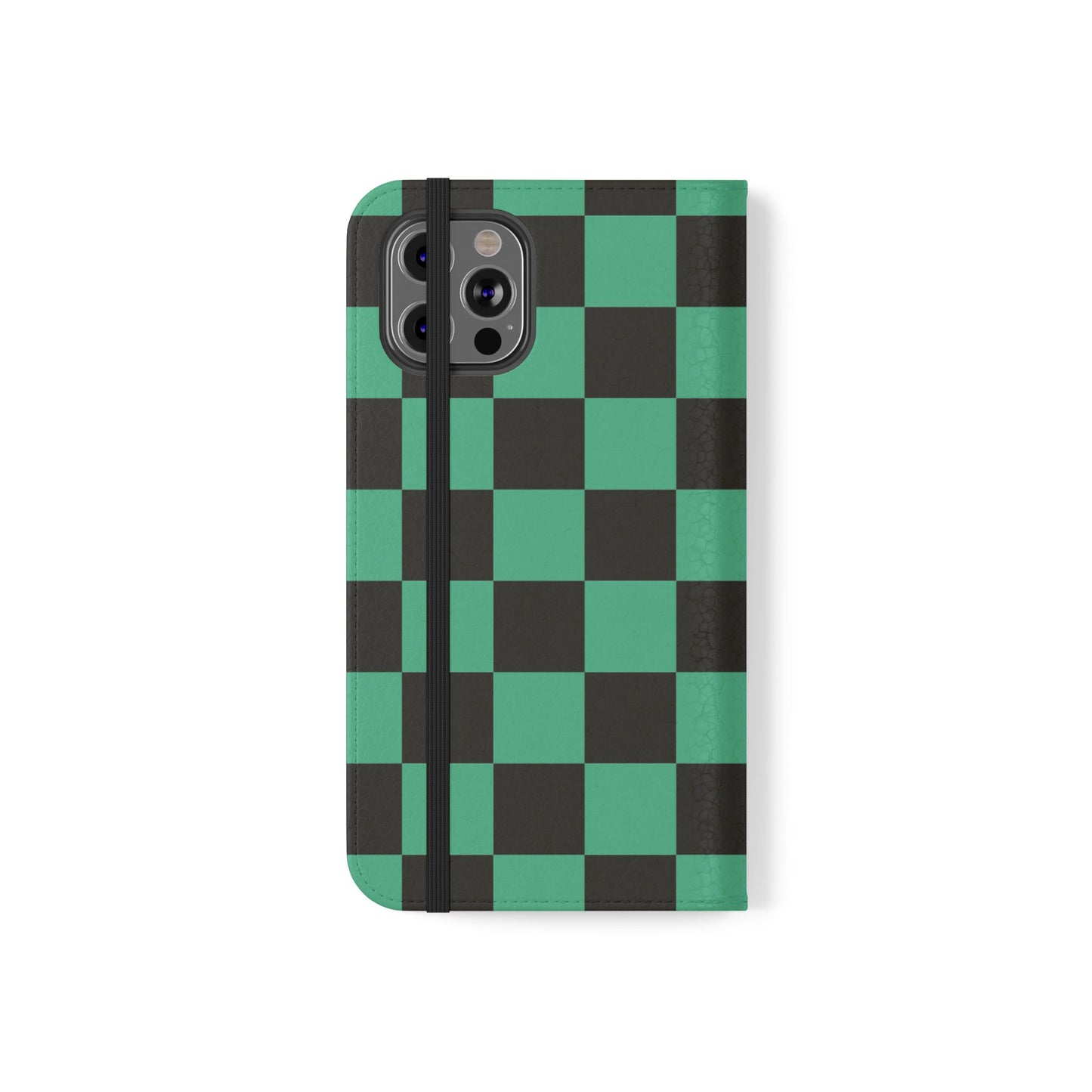 Tanjiro Chequered Flip Phone Case — Black and Green Chequered Wallet Cover