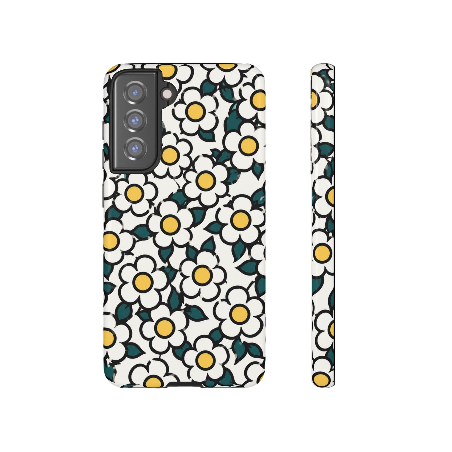 Floral Daisy Tough Phone Case — Retro White & Yellow Protective Cover