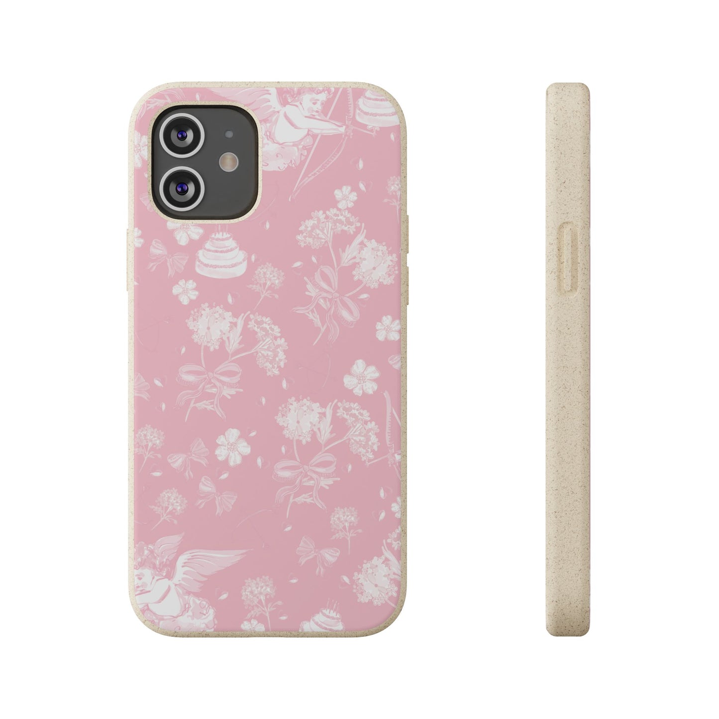 Pink Floral Cherub Biodegradable Phone Case for Apple iPhone and Samsung Galaxy.