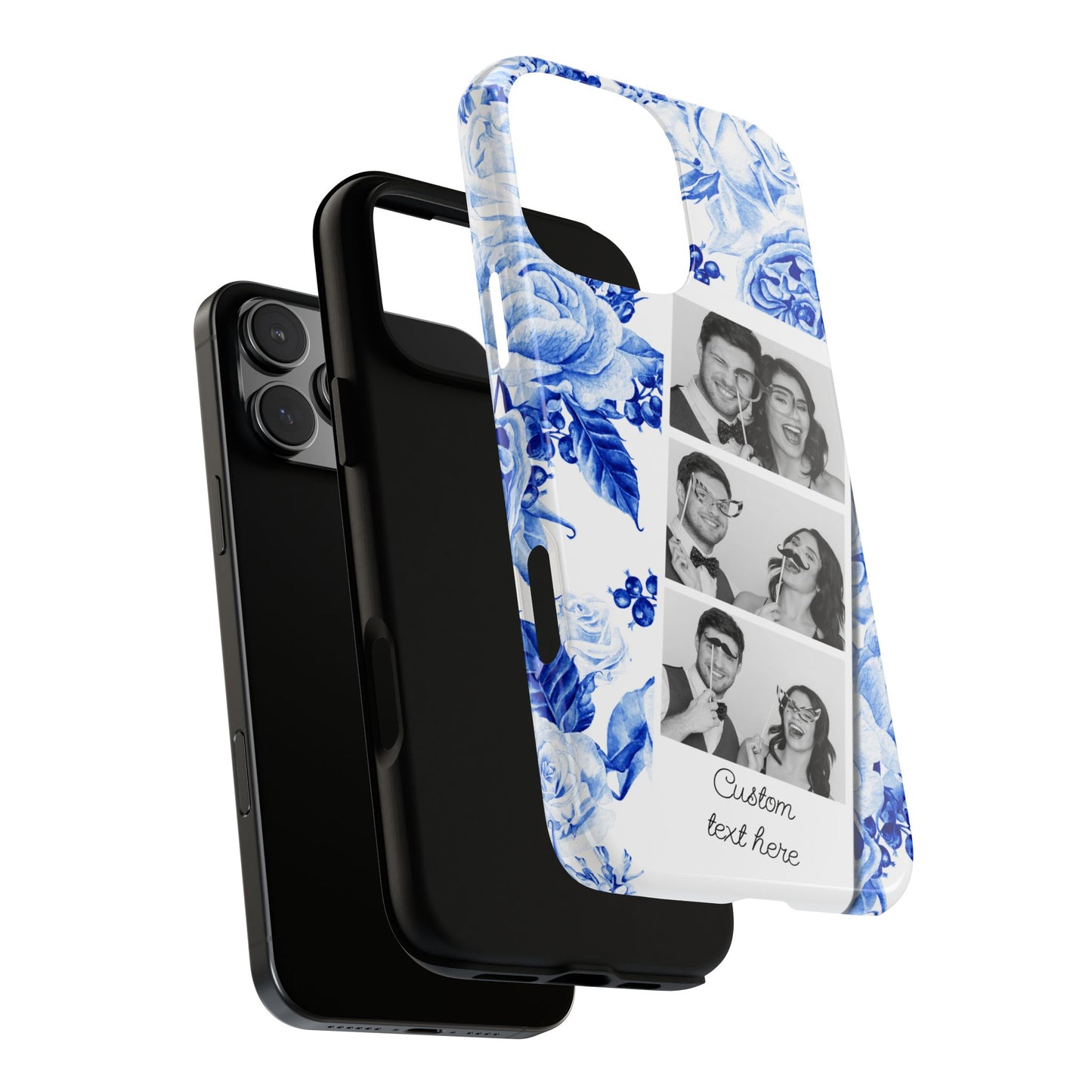 Three Photo Personalised Blue Floral Image Strip Custom Phone Case