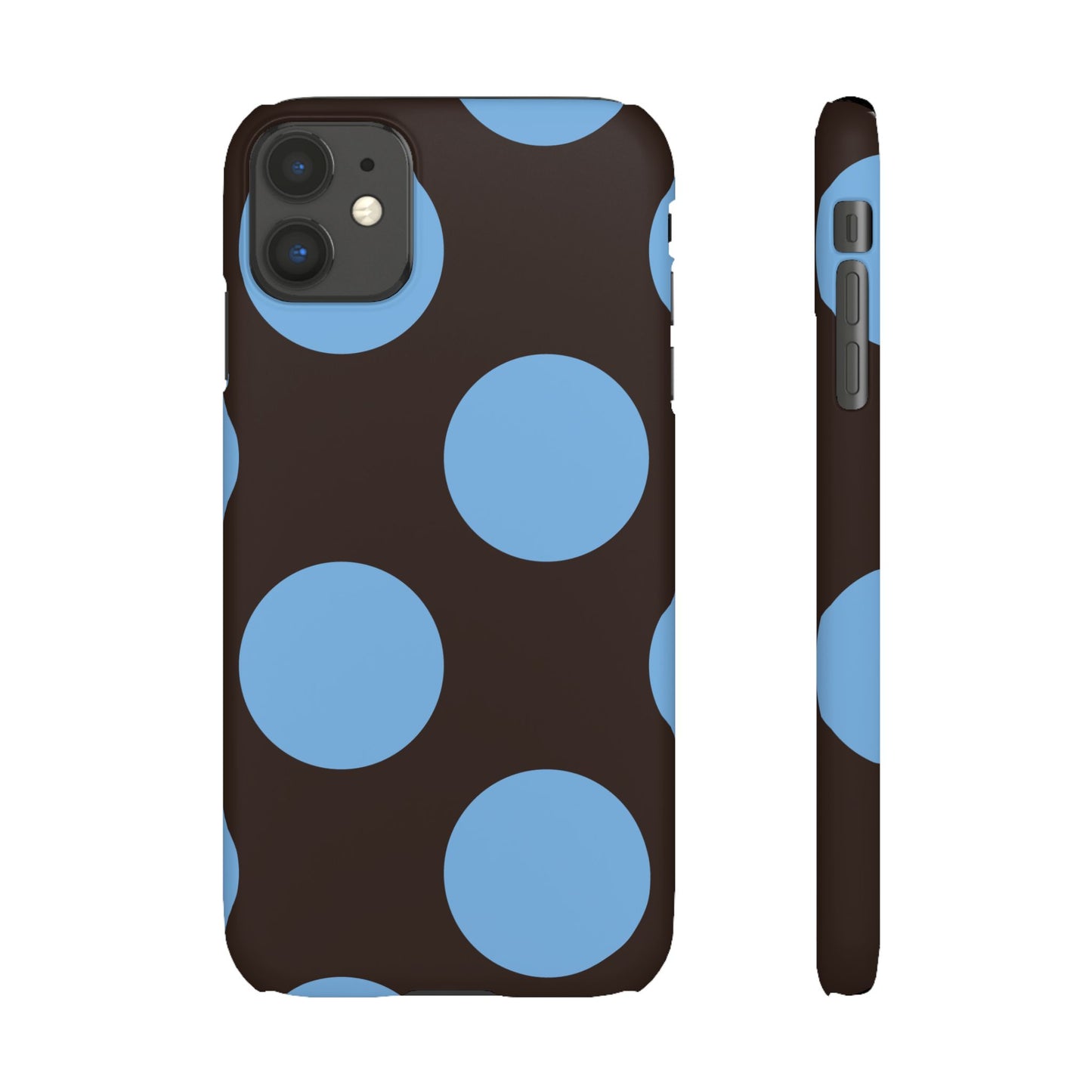 Matte Black with Large Sky Blue Polka Dots Slim Phone Case for Apple iPhone, Samsung Galaxy and Google Pixel.