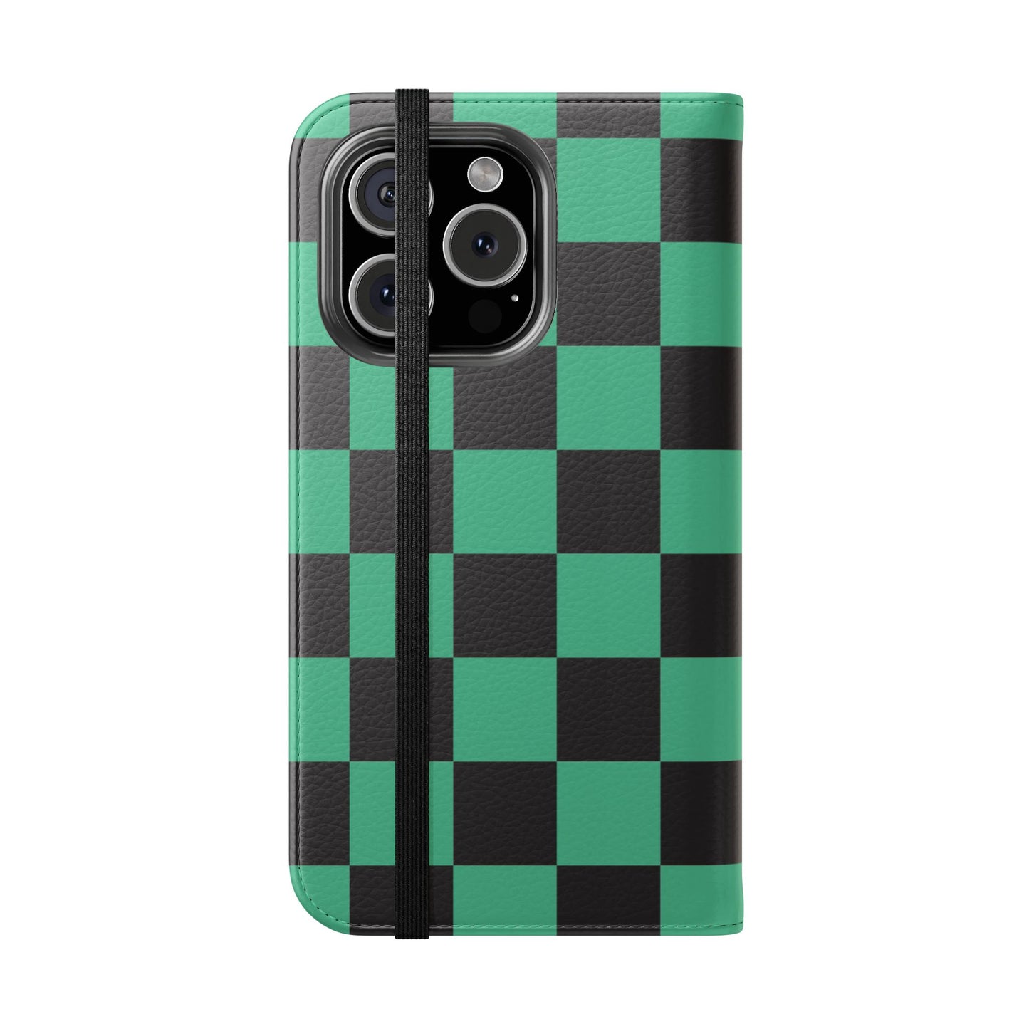 Tanjiro Chequered Flip Phone Case — Black and Green Chequered Wallet Cover
