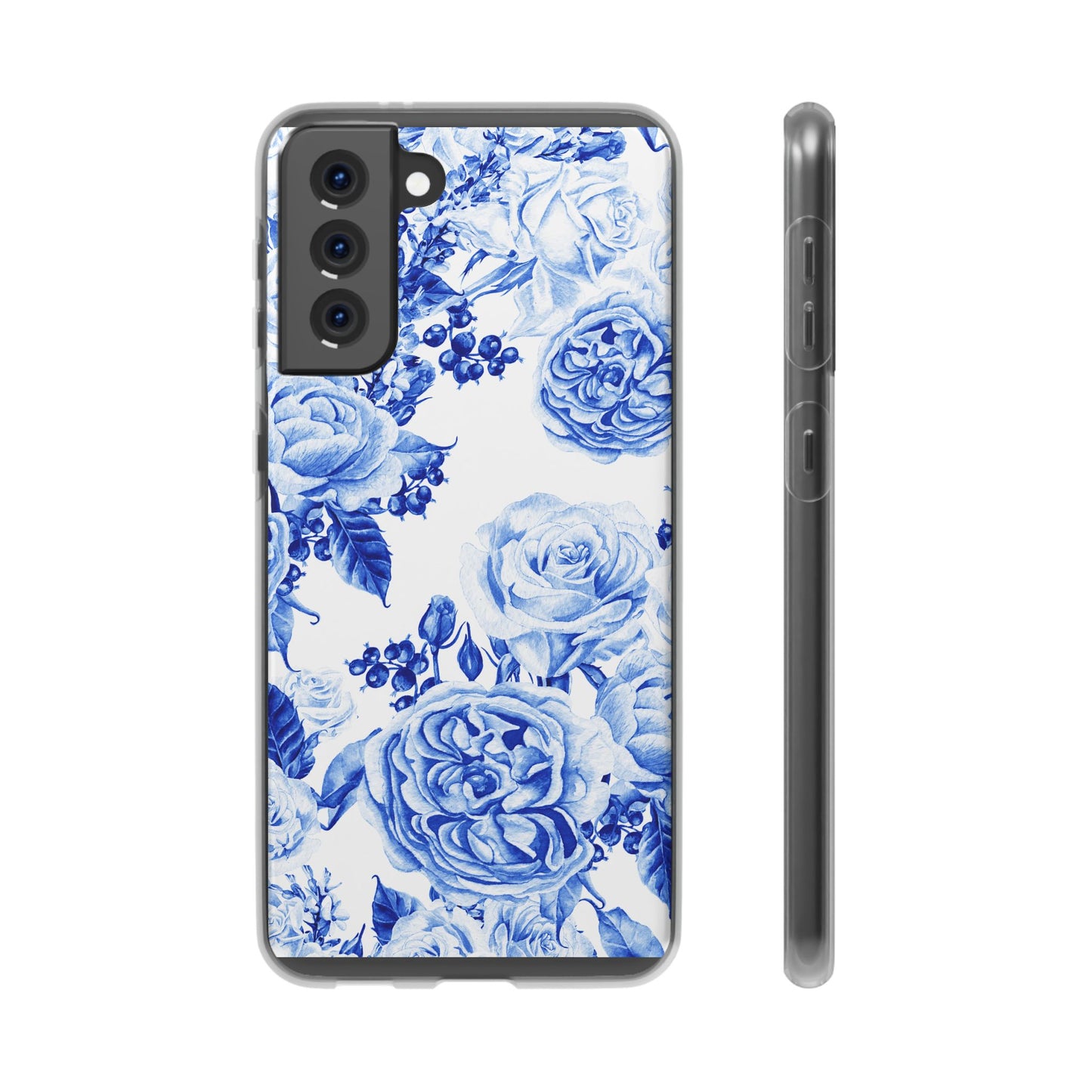 Blue Floral Phone Case — Hand-Painted Rose Pattern Flexi Case for Apple iPhone, Samsung Galaxy and Google Pixel.