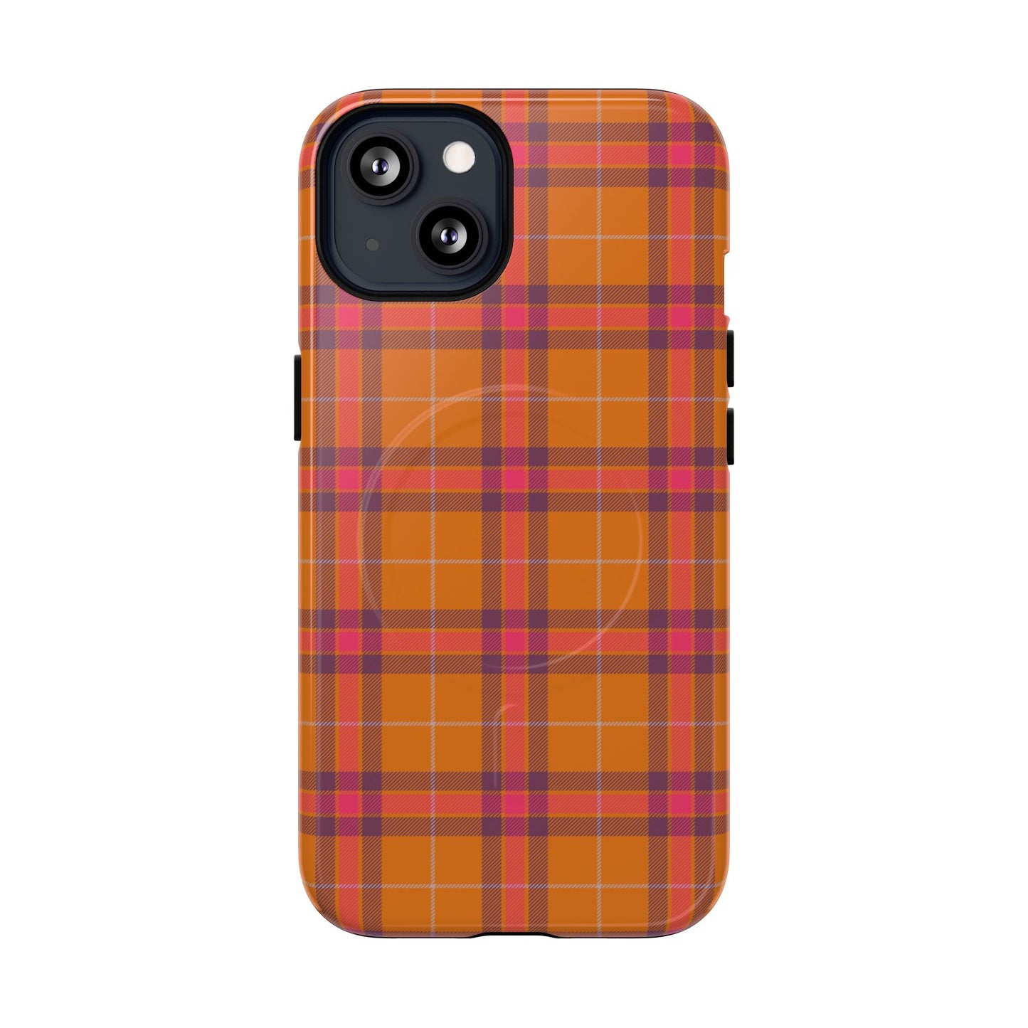 Tartan Magnetic Phone Case — Orange and Red Plaid Tough Protective MagSafe Case